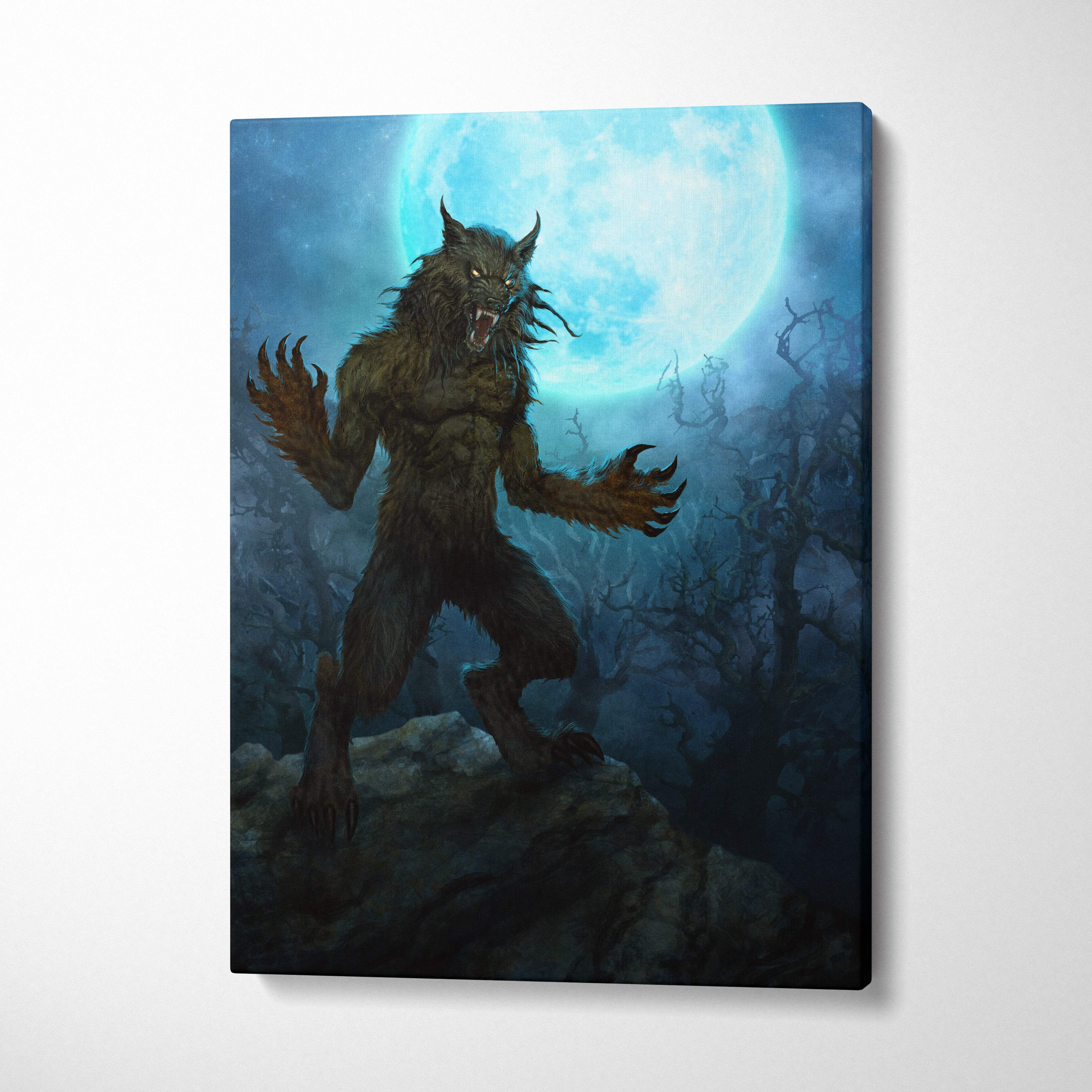 Blue black werewolf canvas wall art of a dark hairy monster with glowing eyes under a large blue full moon