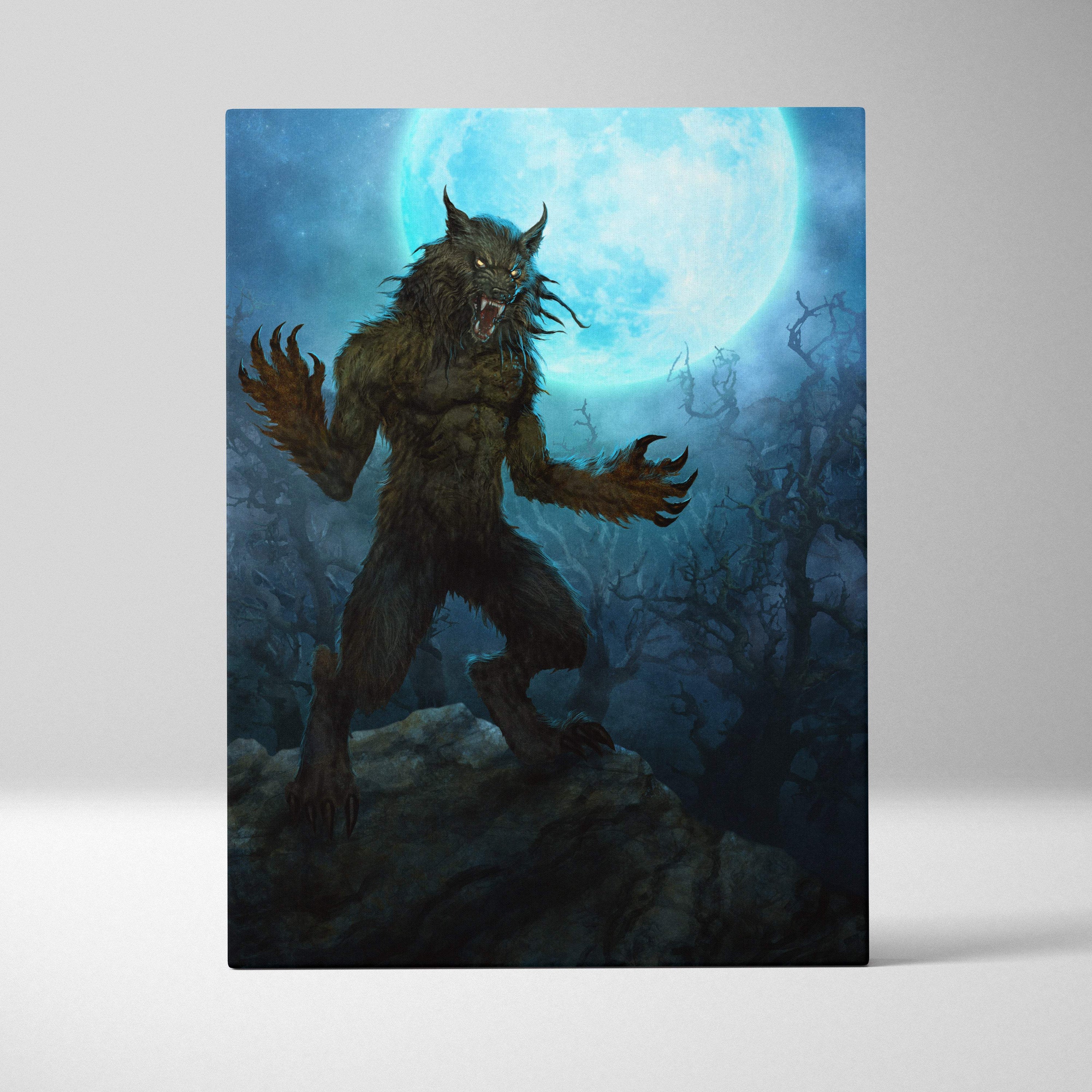 Blue black werewolf canvas wall art features a dark muscular werewolf with glowing yellow eyes under a blue moon