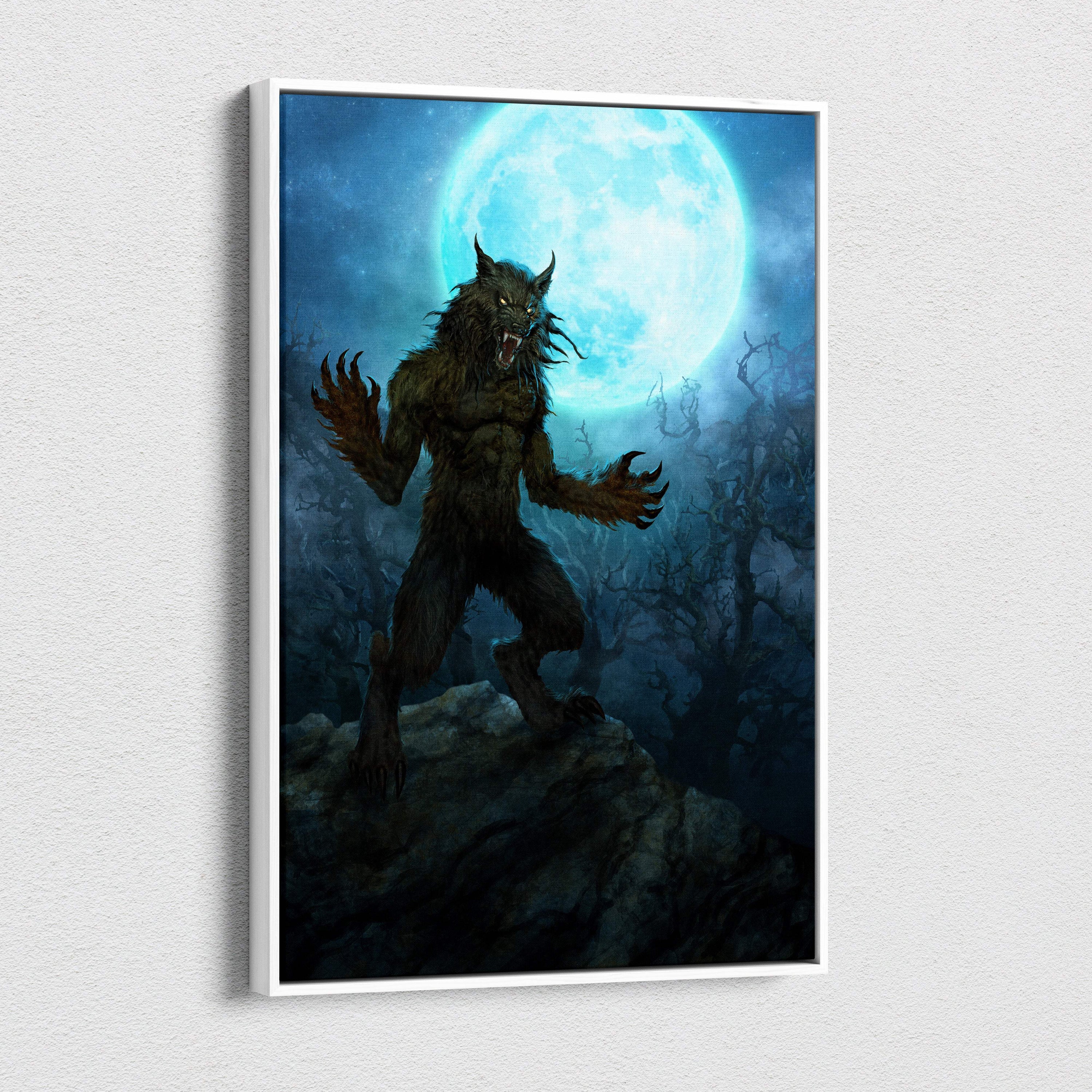 A framed blue black werewolf canvas wall art showing a menacing werewolf under a glowing full moon