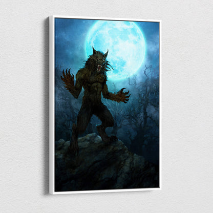 A framed blue black werewolf canvas wall art showing a menacing werewolf under a glowing full moon