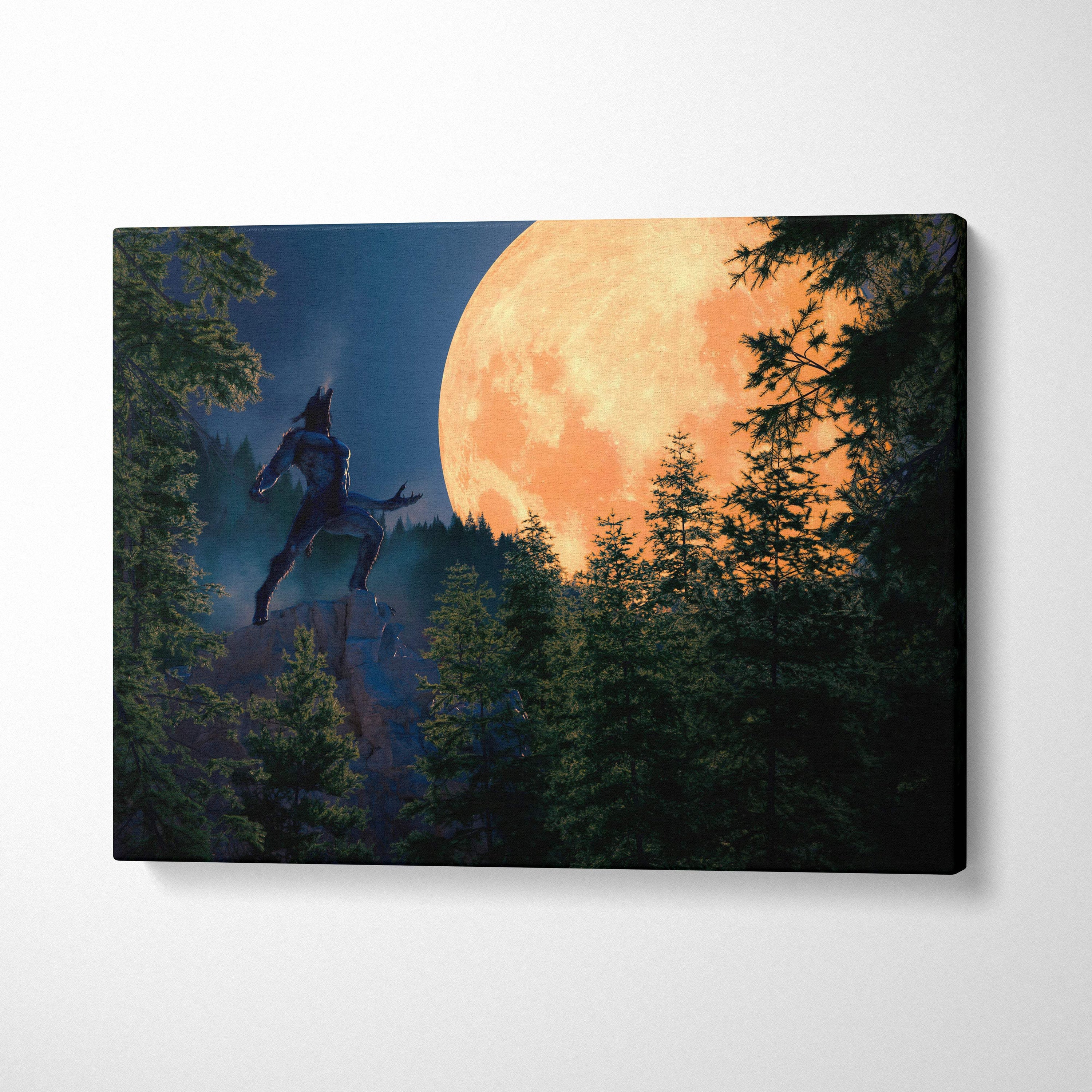 Werewolf howling at full moon canvas art features a dark muscular lycanthrope on rocks with evergreen trees and a glowing orange moon