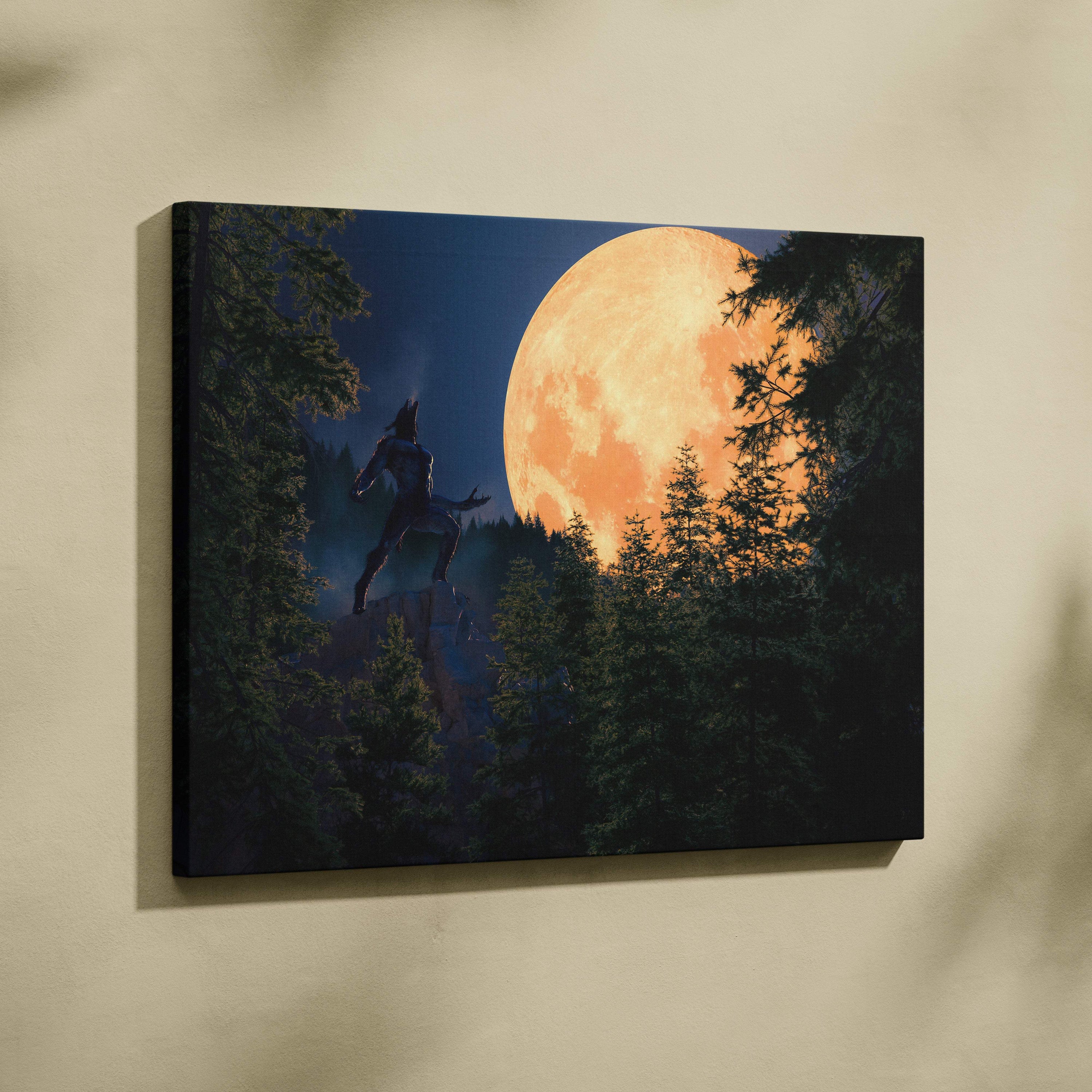 A framed canvas print of a werewolf silhouette howling at an orange full moon over dark evergreen trees