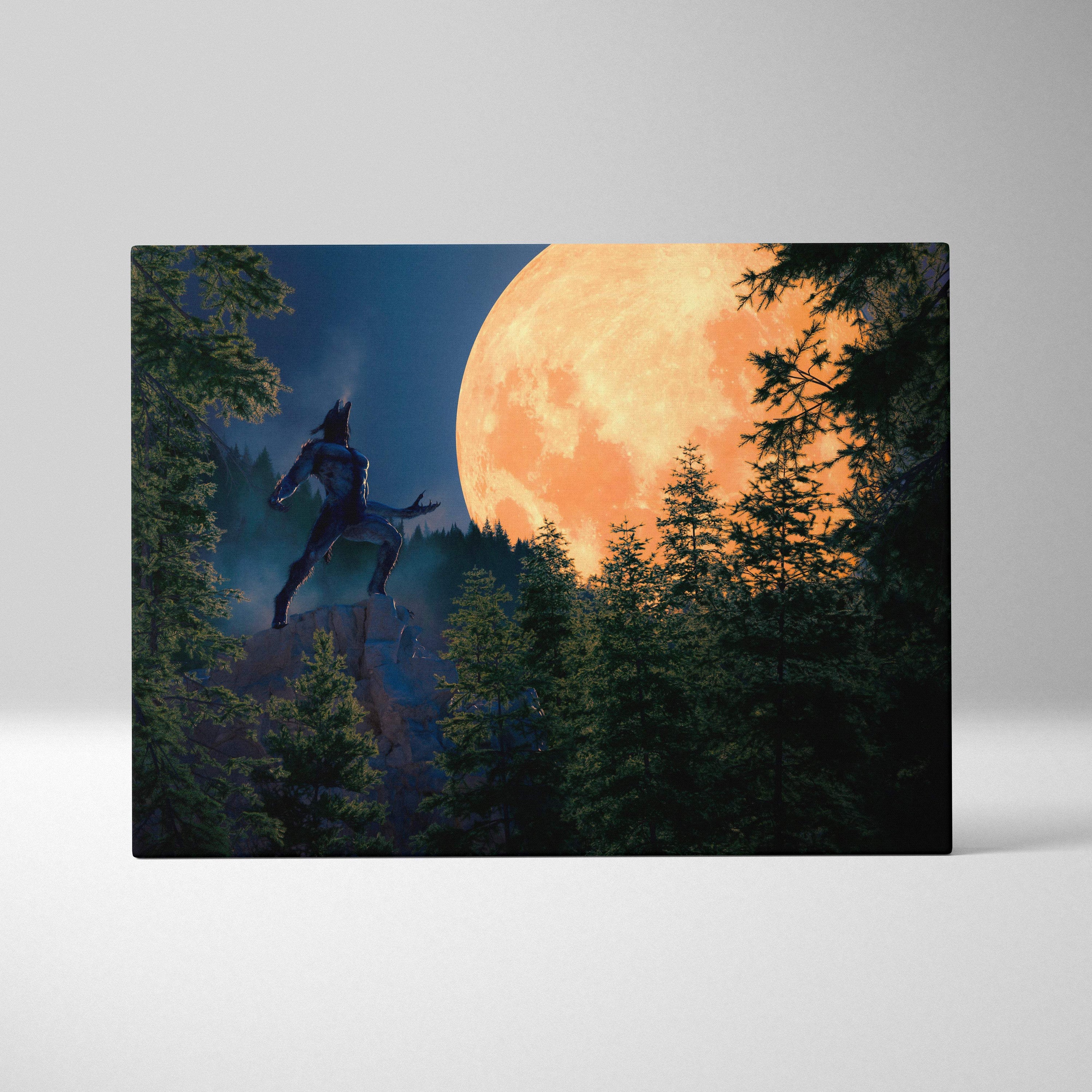 A rectangular canvas print of a dark muscular werewolf on rocky terrain with evergreen trees and an orange full moon