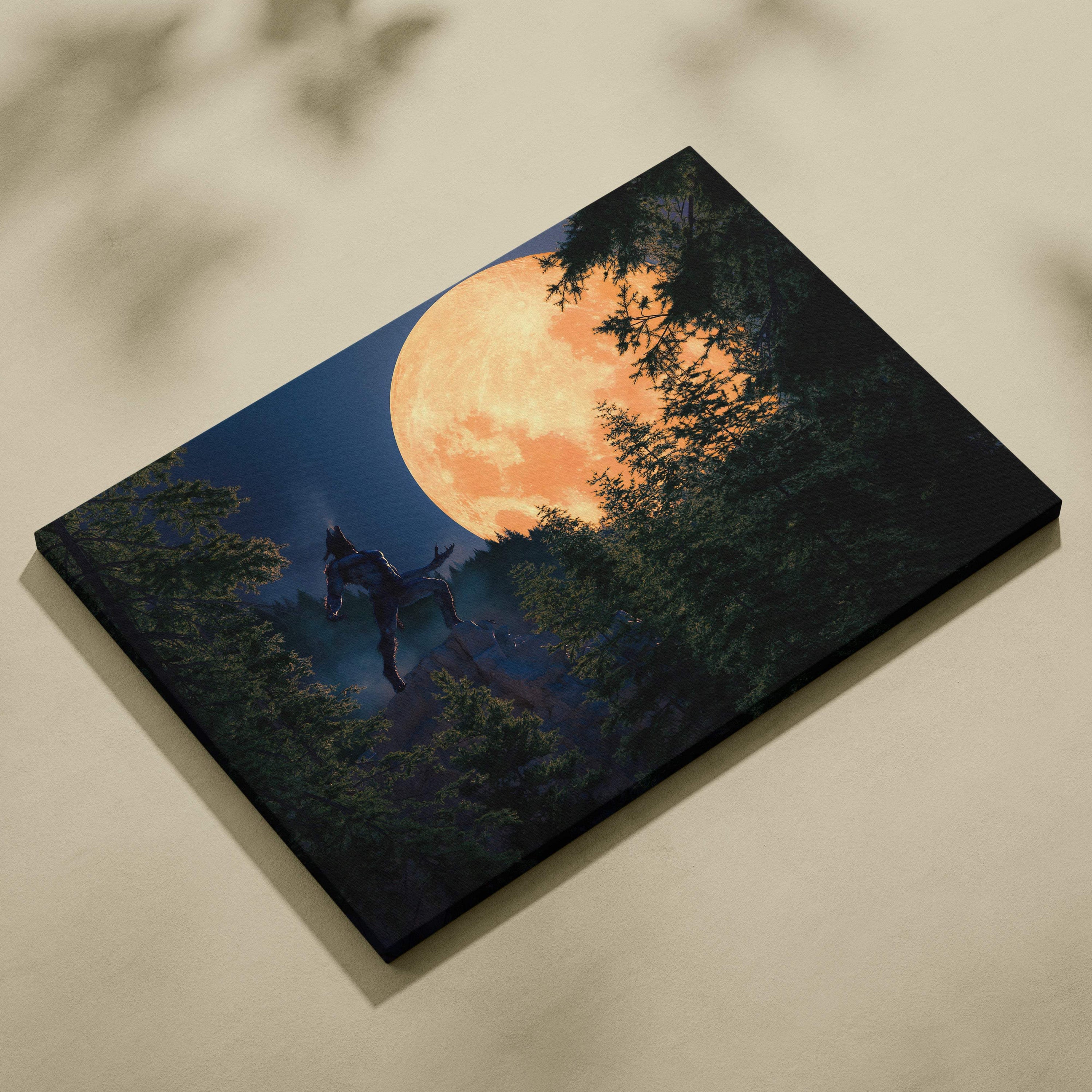 Werewolf howling at full moon canvas print featuring dark wolf silhouette leaping through trees with glowing orange moon background