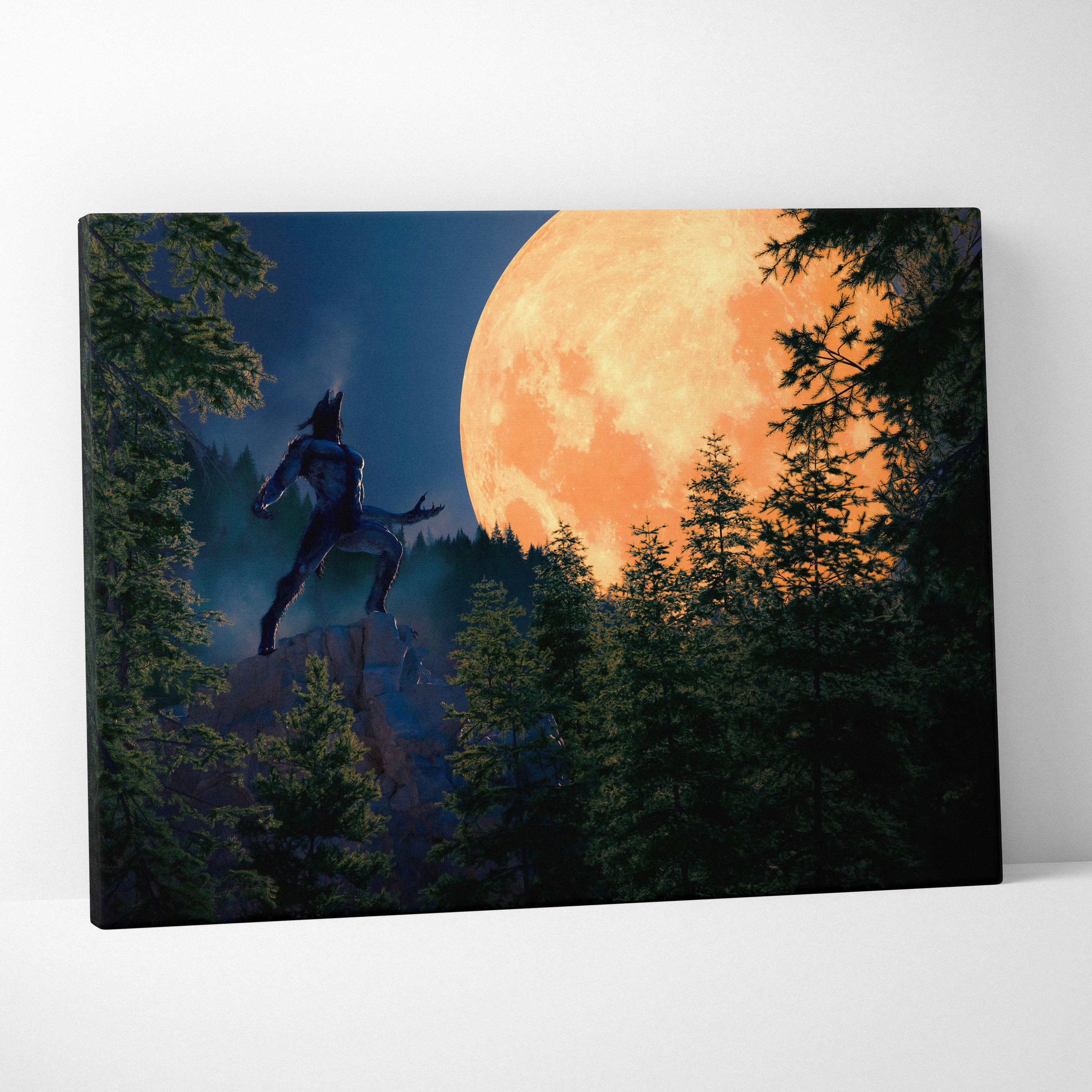 Werewolf howling at full moon canvas art with dark silhouette on rocky terrain and glowing orange moon backdrop