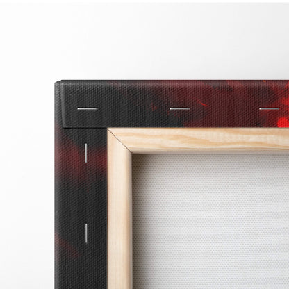 Light-colored wooden frame dark fire mage canvas art with black border red accents visible stitching wall decor