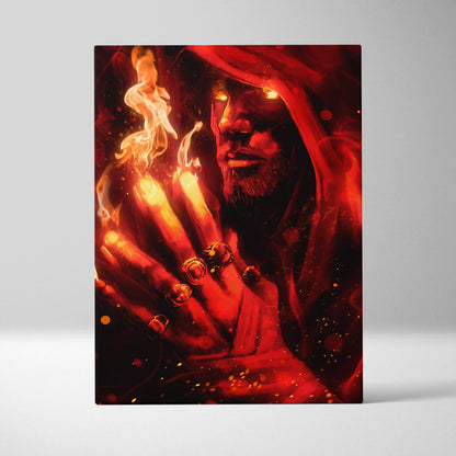 Dark fire mage canvas art featuring a red-hooded sorcerer with glowing eyes and fiery hands adorned with rings