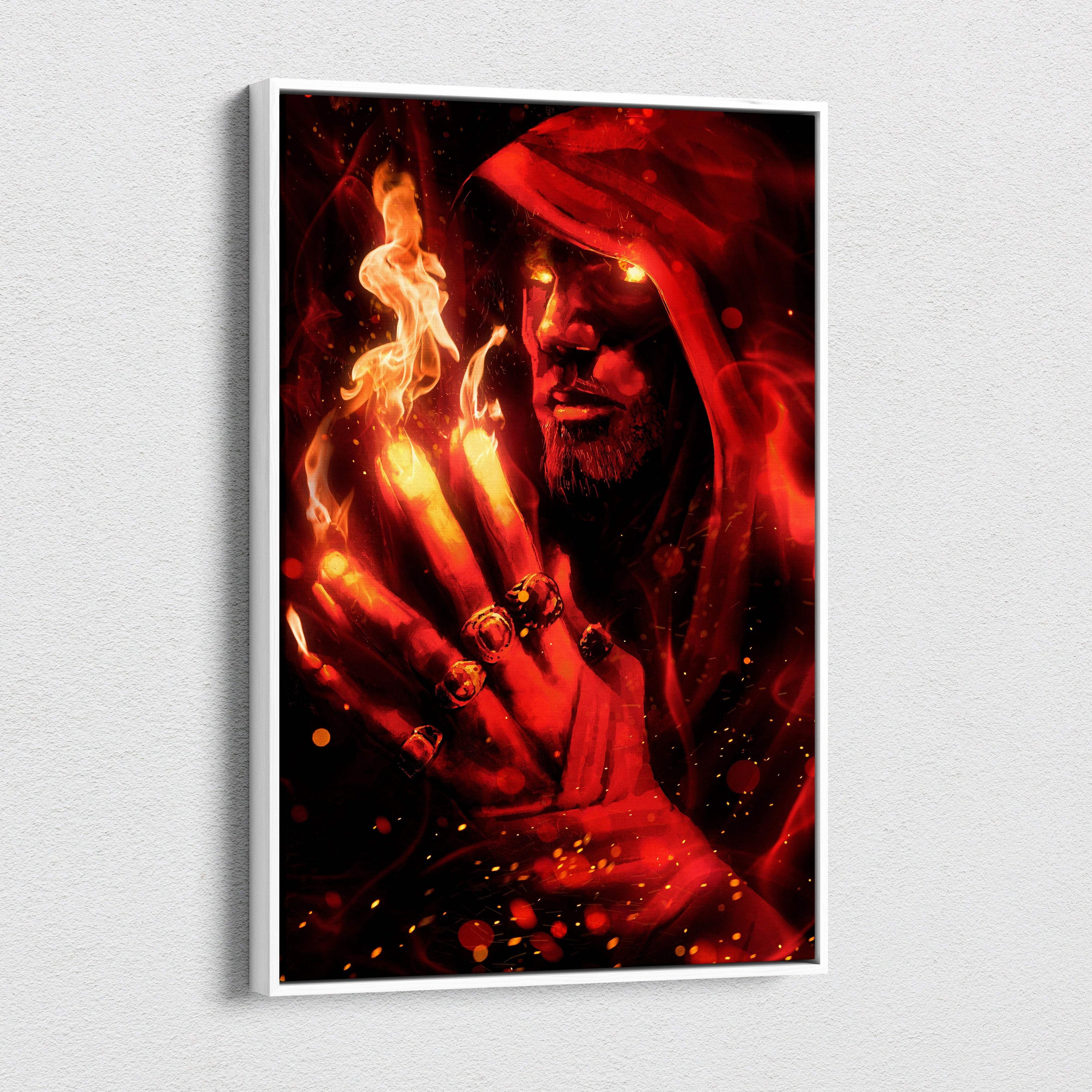 A framed canvas print of a dark fire mage with glowing eyes and red flame magic in dramatic reds and oranges