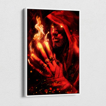 A framed canvas print of a dark fire mage with glowing eyes and red flame magic in dramatic reds and oranges