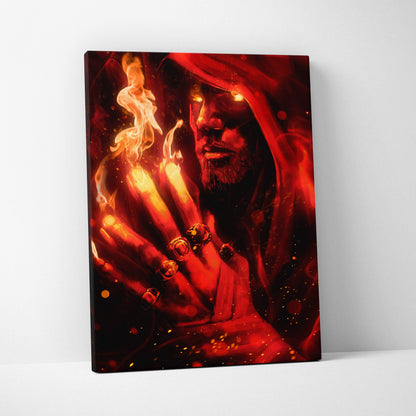 Dark fire mage canvas art featuring a vivid red hooded sorcerer with glowing eyes and fiery hands with rings