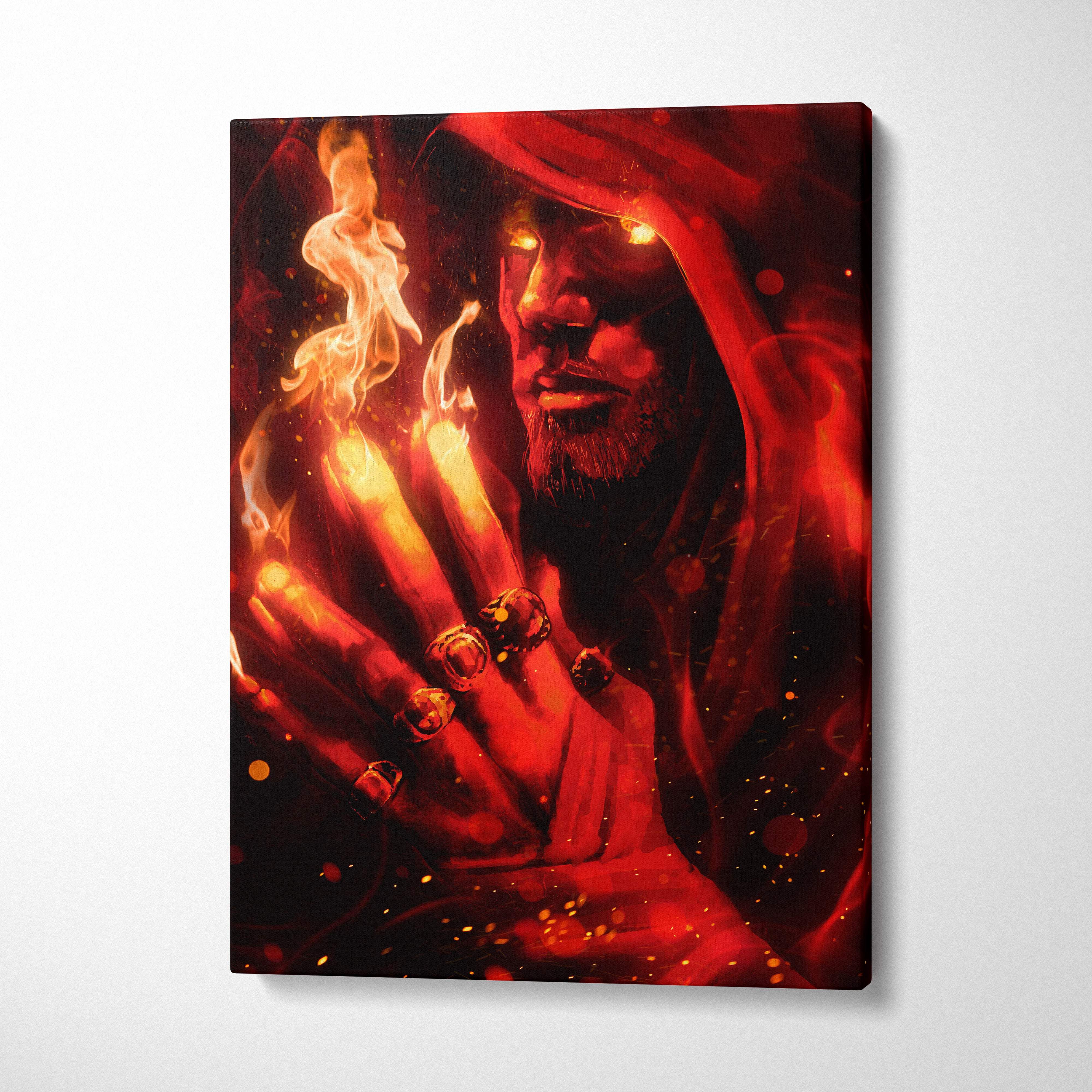 Red-hued canvas art of a hooded sorcerer with glowing eyes and fiery hands wearing rings for gothic wall decor