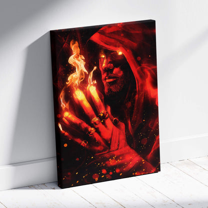 Dark fire mage canvas art with red and black hooded sorcerer and glowing eyes surrounded by fiery flames