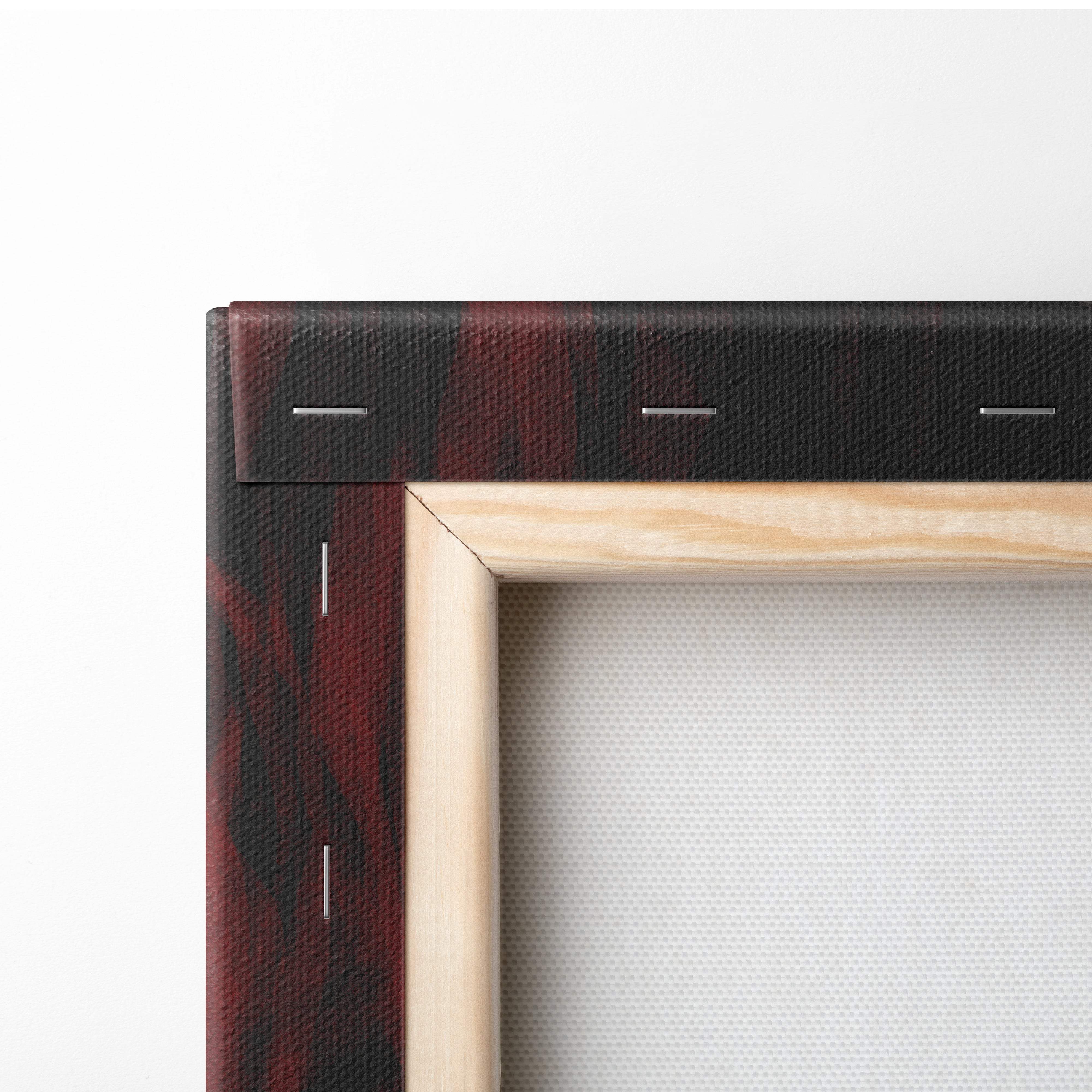 Minimalist wooden canvas frame with dark red and black textured border and white stitching for gothic fantasy decor