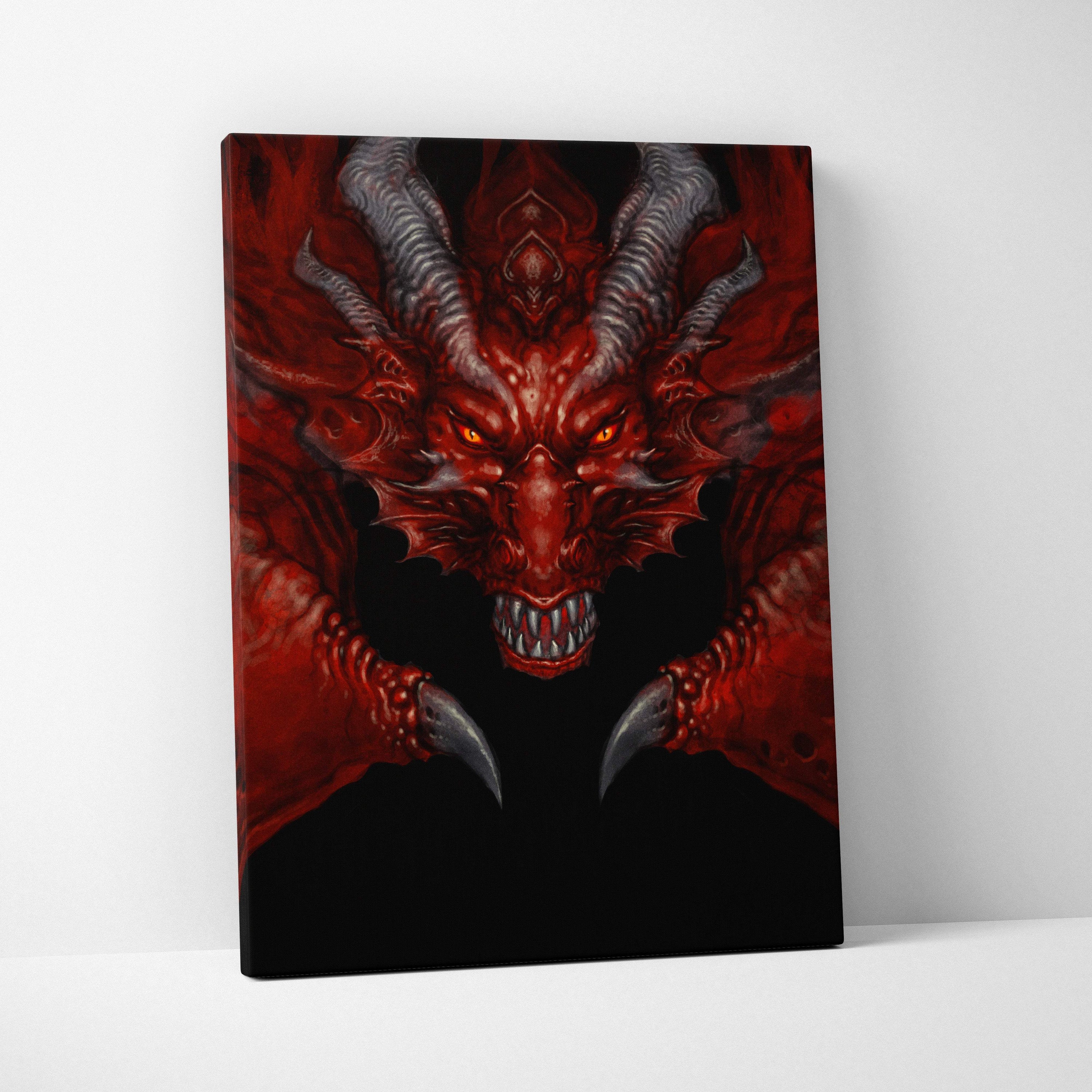 Red black demon dragon canvas wall art with vivid red dragon and glowing orange eyes for dark gothic horror decor
