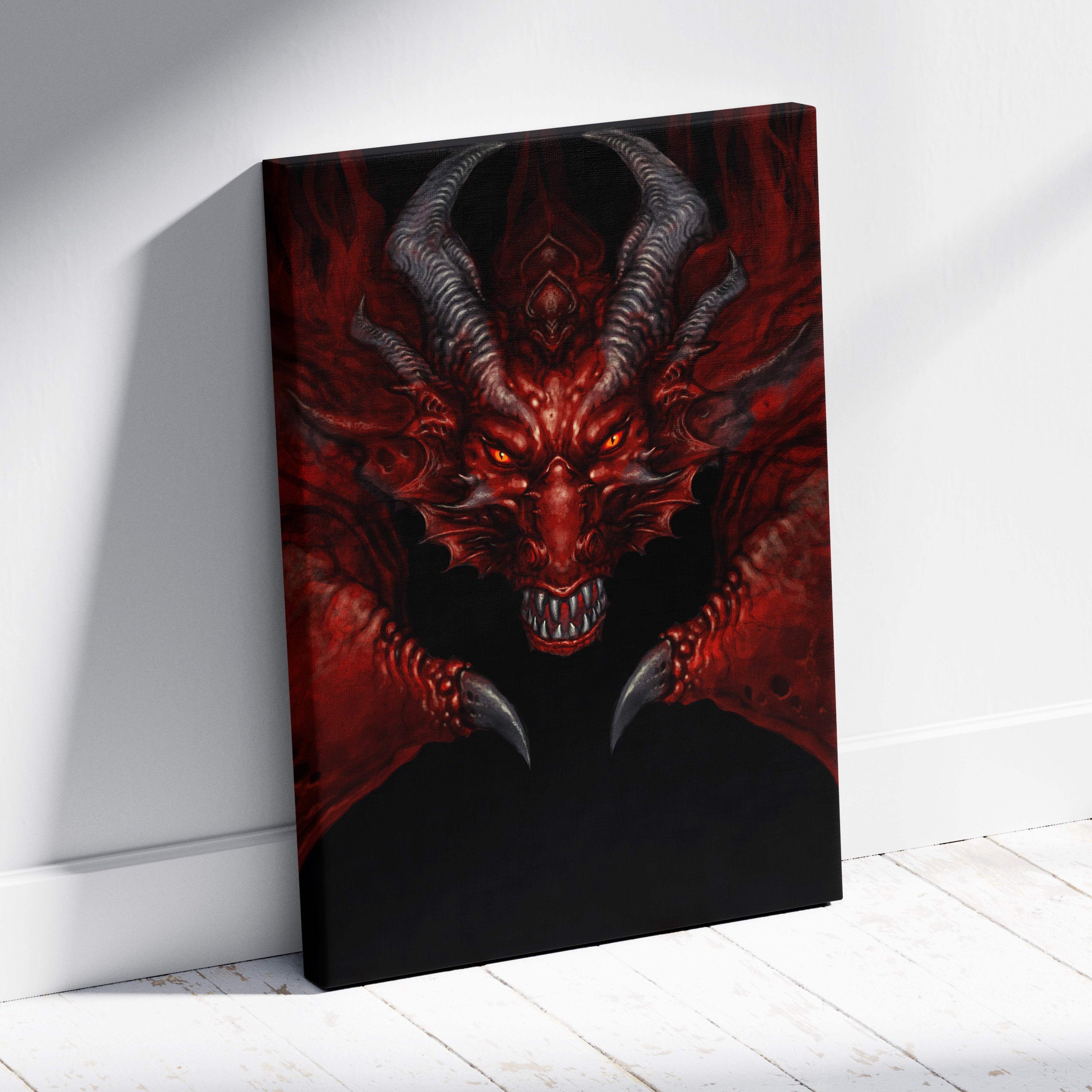 Red and black demon dragon canvas wall art with glowing orange eyes and detailed scales for gaming room decor