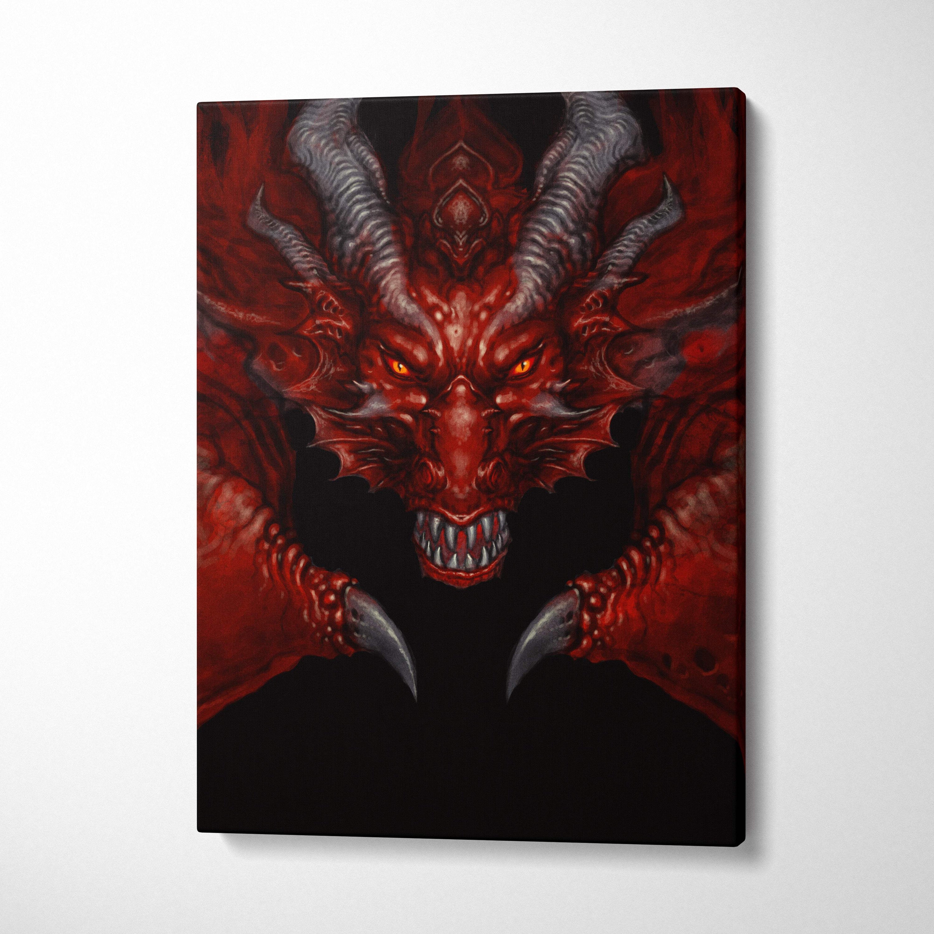 Menacing red dragon with glowing orange eyes and silver horns on red black demon dragon canvas wall art painting