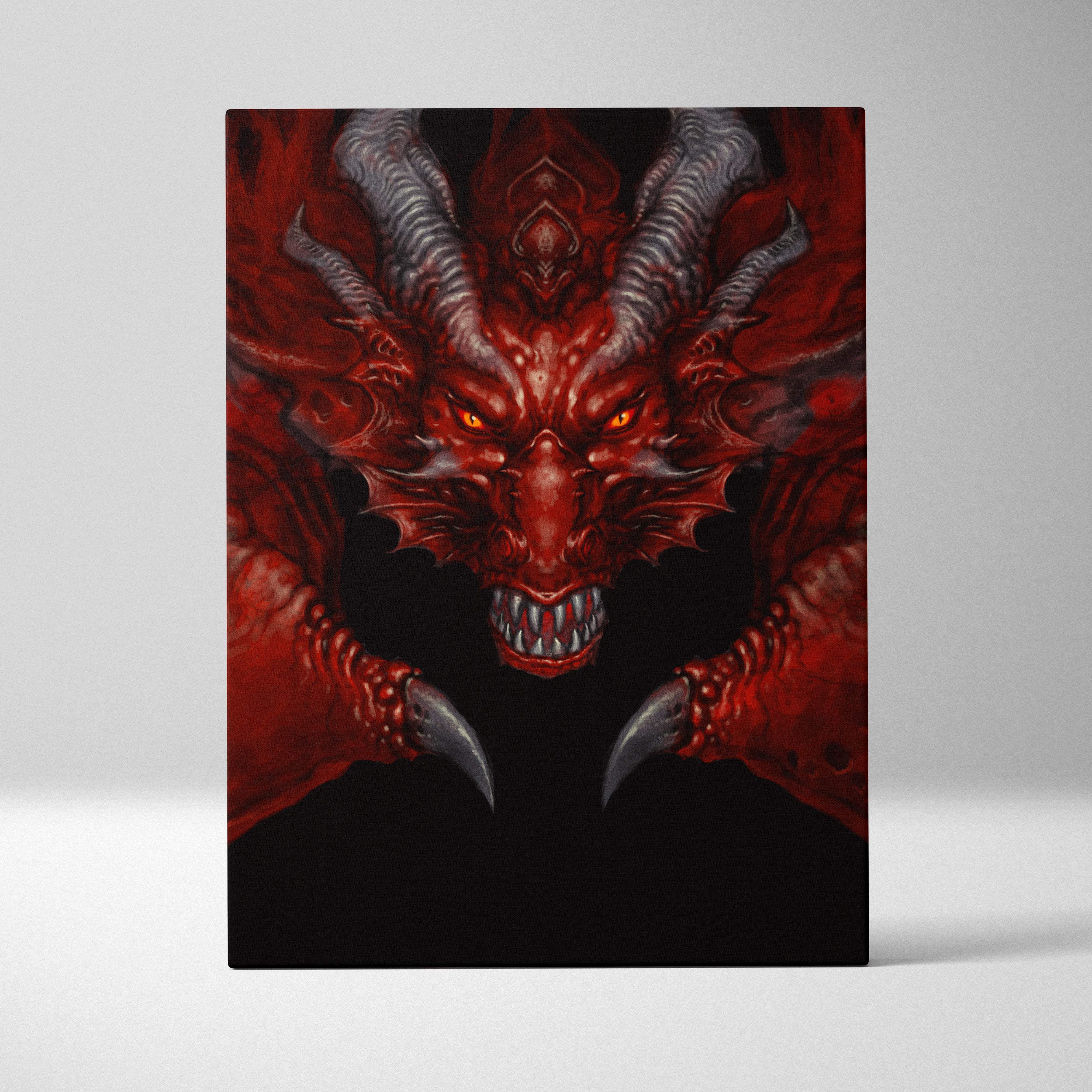 Red black demon dragon canvas wall art featuring a vivid red dragon with glowing orange eyes and metallic gray horns