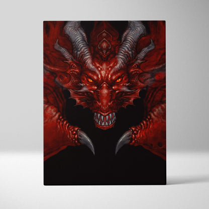Red black demon dragon canvas wall art featuring a vivid red dragon with glowing orange eyes and metallic gray horns