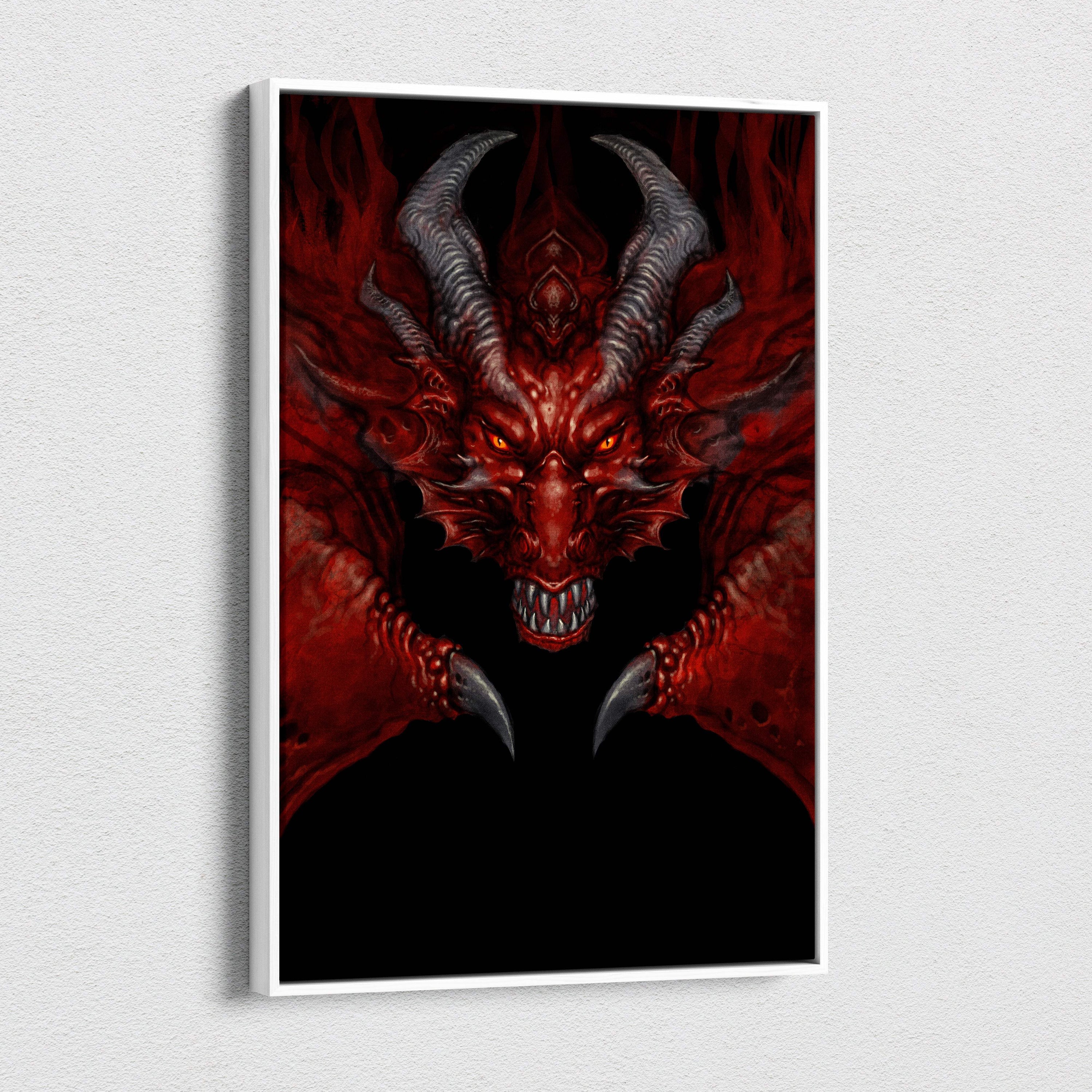 Red black demon dragon canvas wall art features a menacing red dragon with glowing orange eyes and metallic gray horns