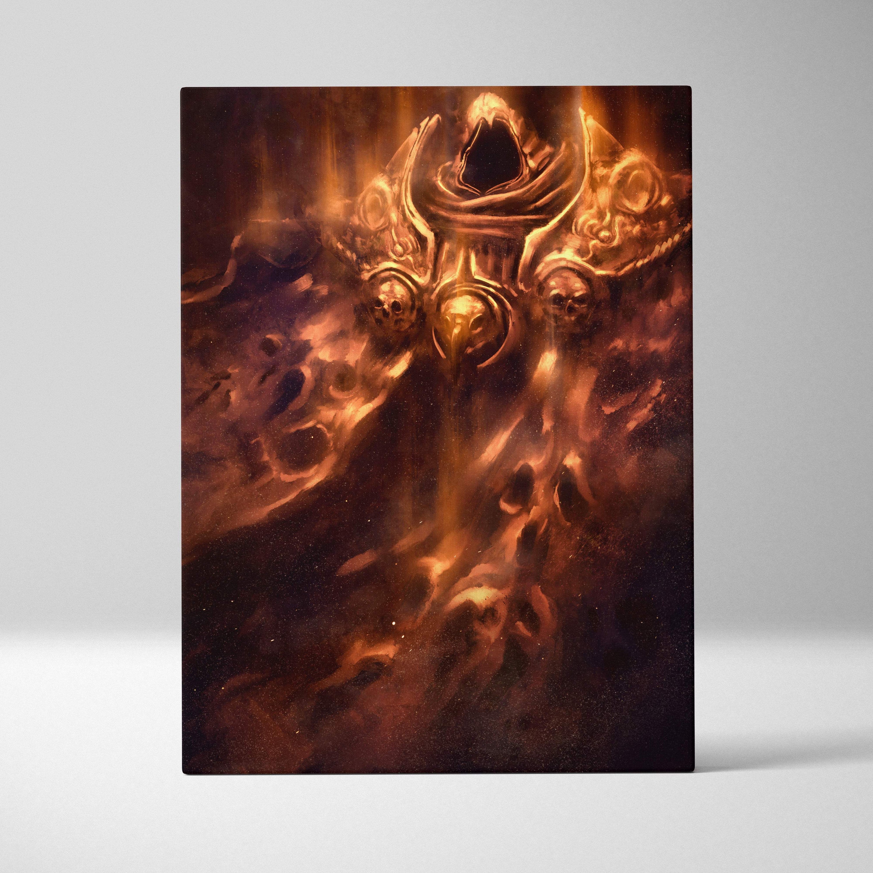 A rectangular canvas print featuring a fiery golden armored figure with skull motifs and glowing orange flames