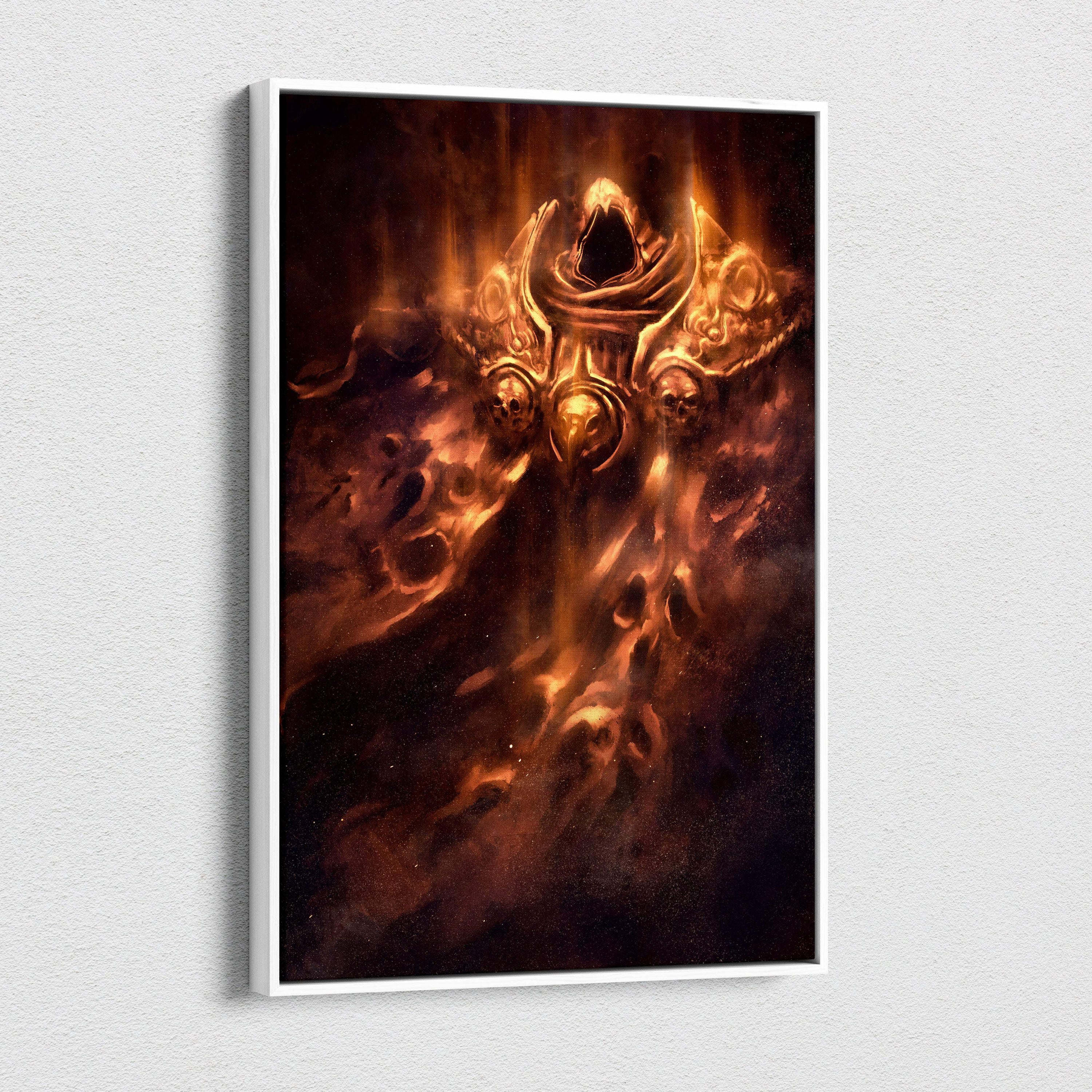 A framed infernal phantom armor canvas art showing a fiery golden demonic figure with skull emblems and burning ember glow