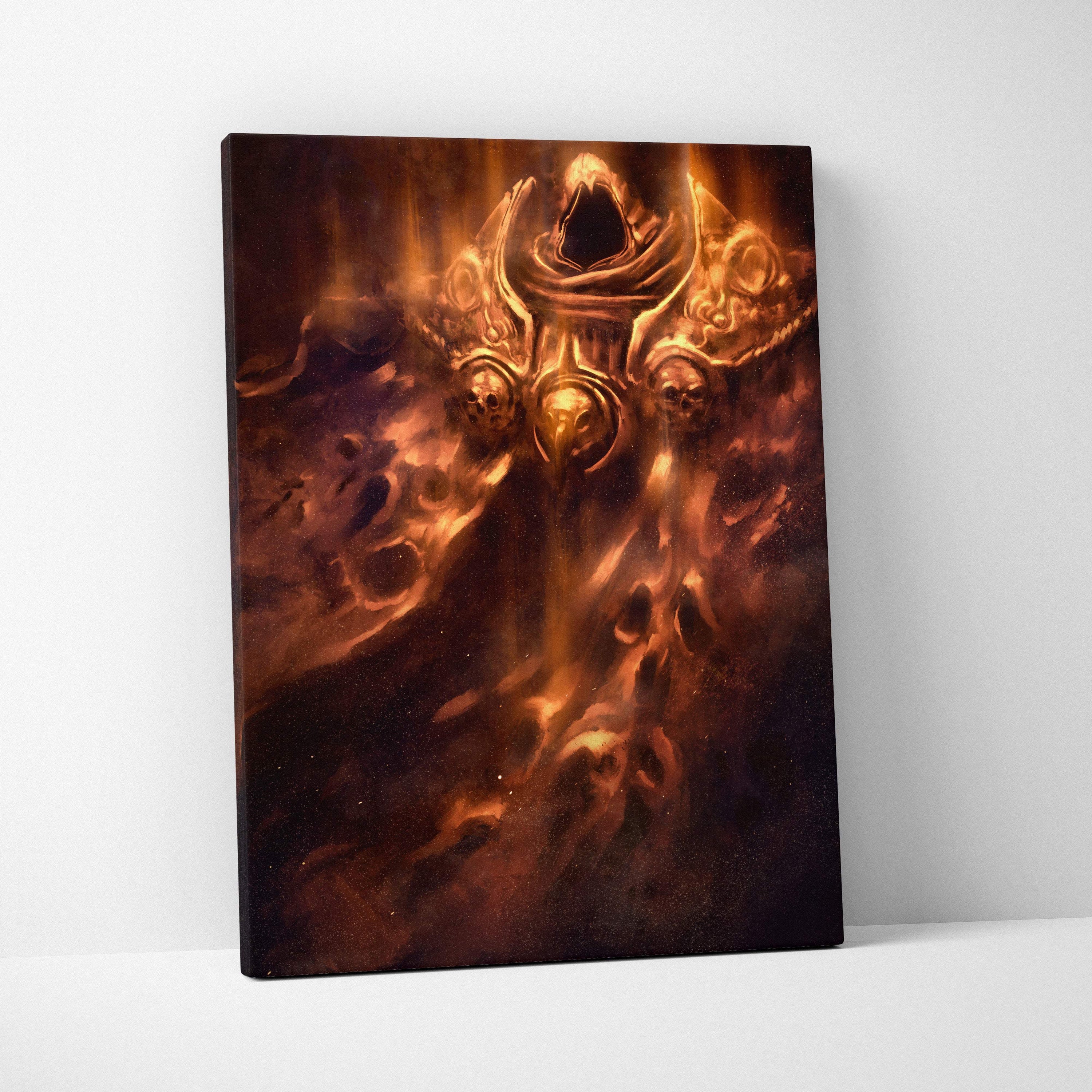A framed canvas print of infernal phantom armor featuring a golden demonic figure with fiery orange and red flames