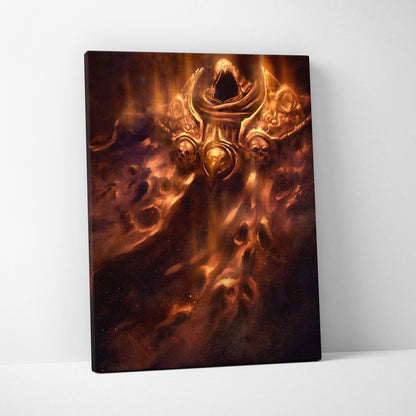 A framed canvas print of infernal phantom armor featuring a golden demonic figure with fiery orange and red flames