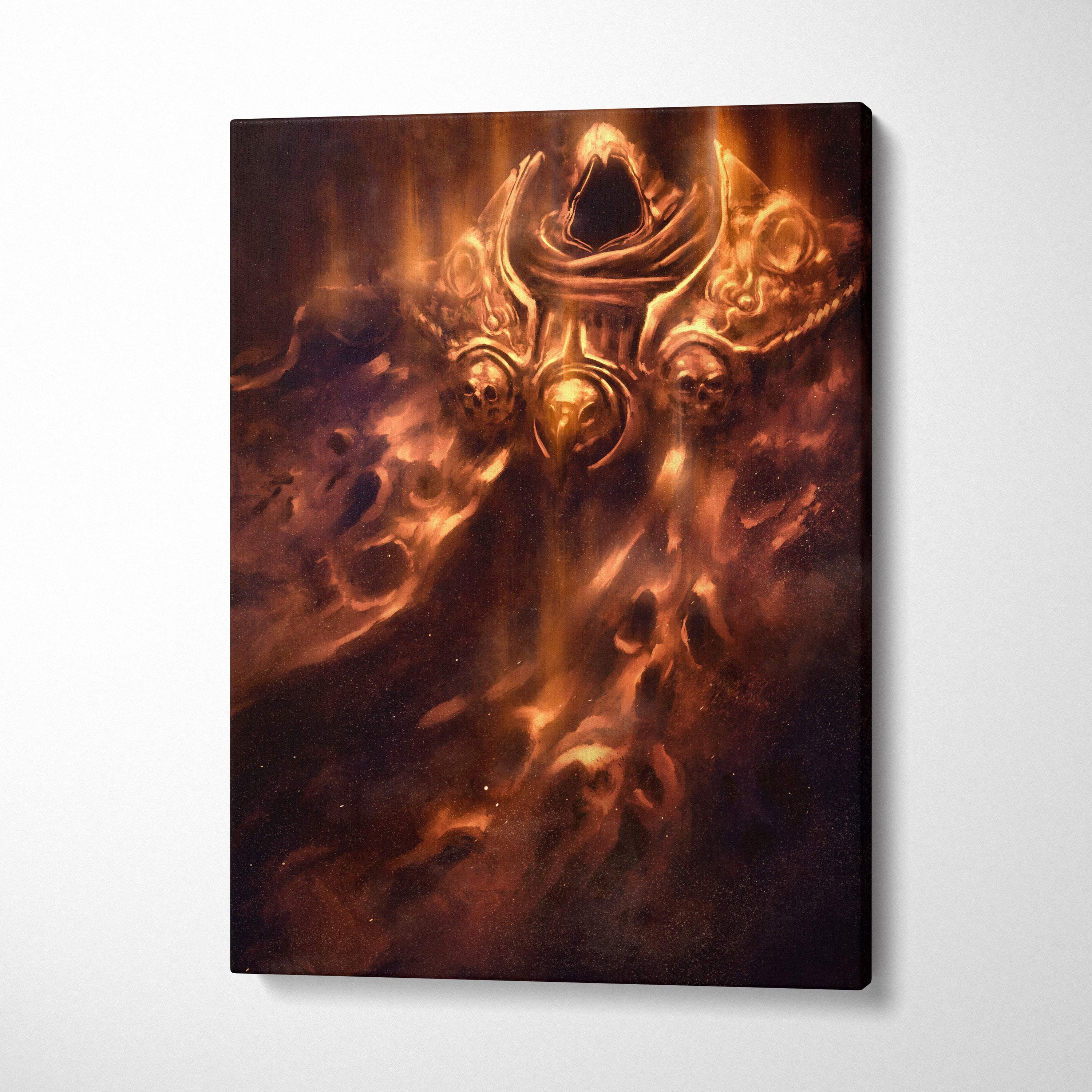 Golden infernal phantom armor canvas art featuring fiery dark knight spirit with skull emblems and burning ember glow