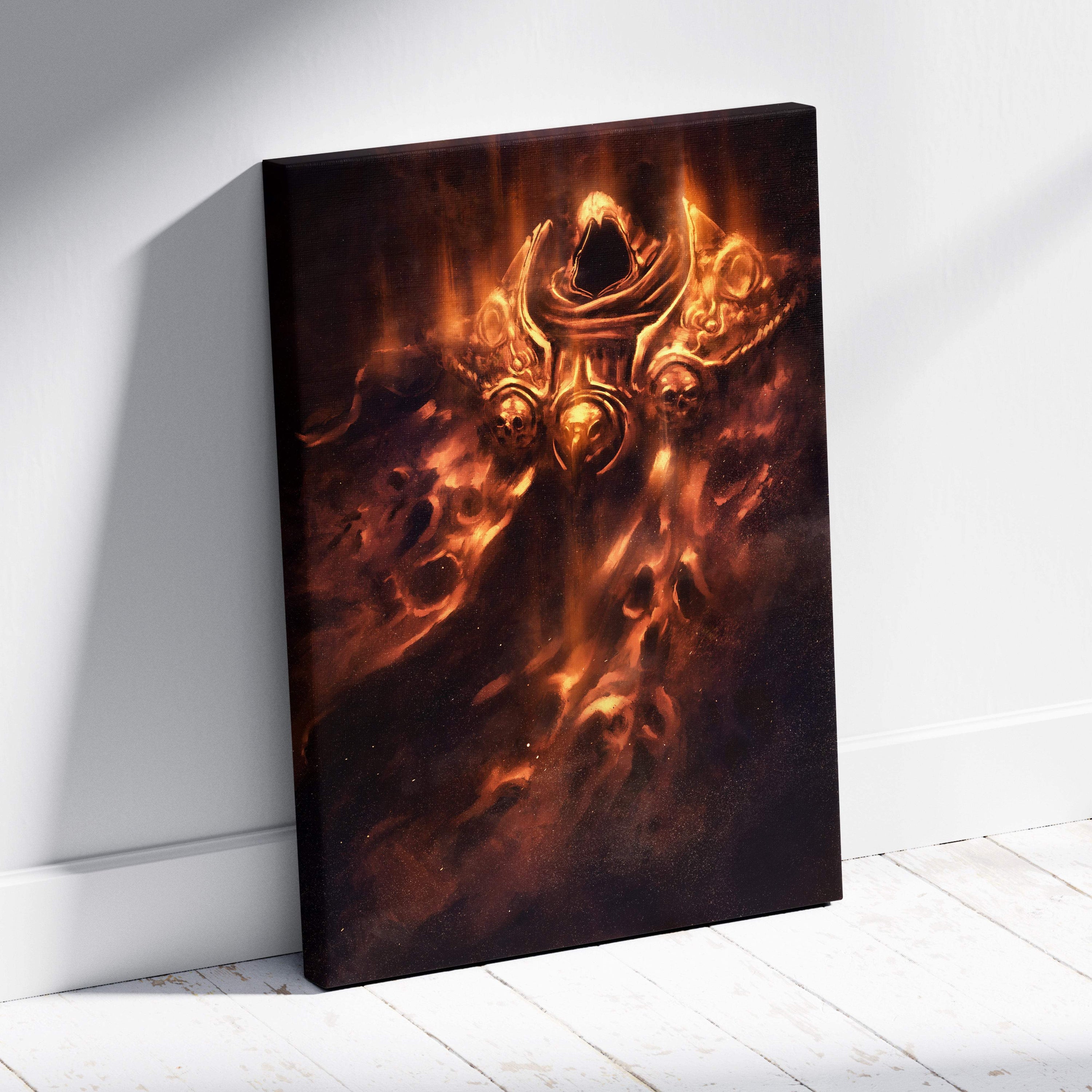 A framed canvas print of fiery golden armored dark knight with skull motifs burning ember glow gothic fantasy art