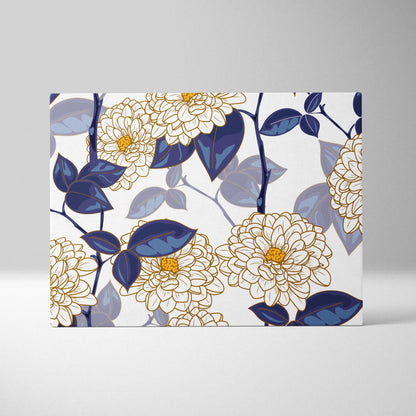 Elegant cream chrysanthemums navy leaves gold outlines canvas wall art