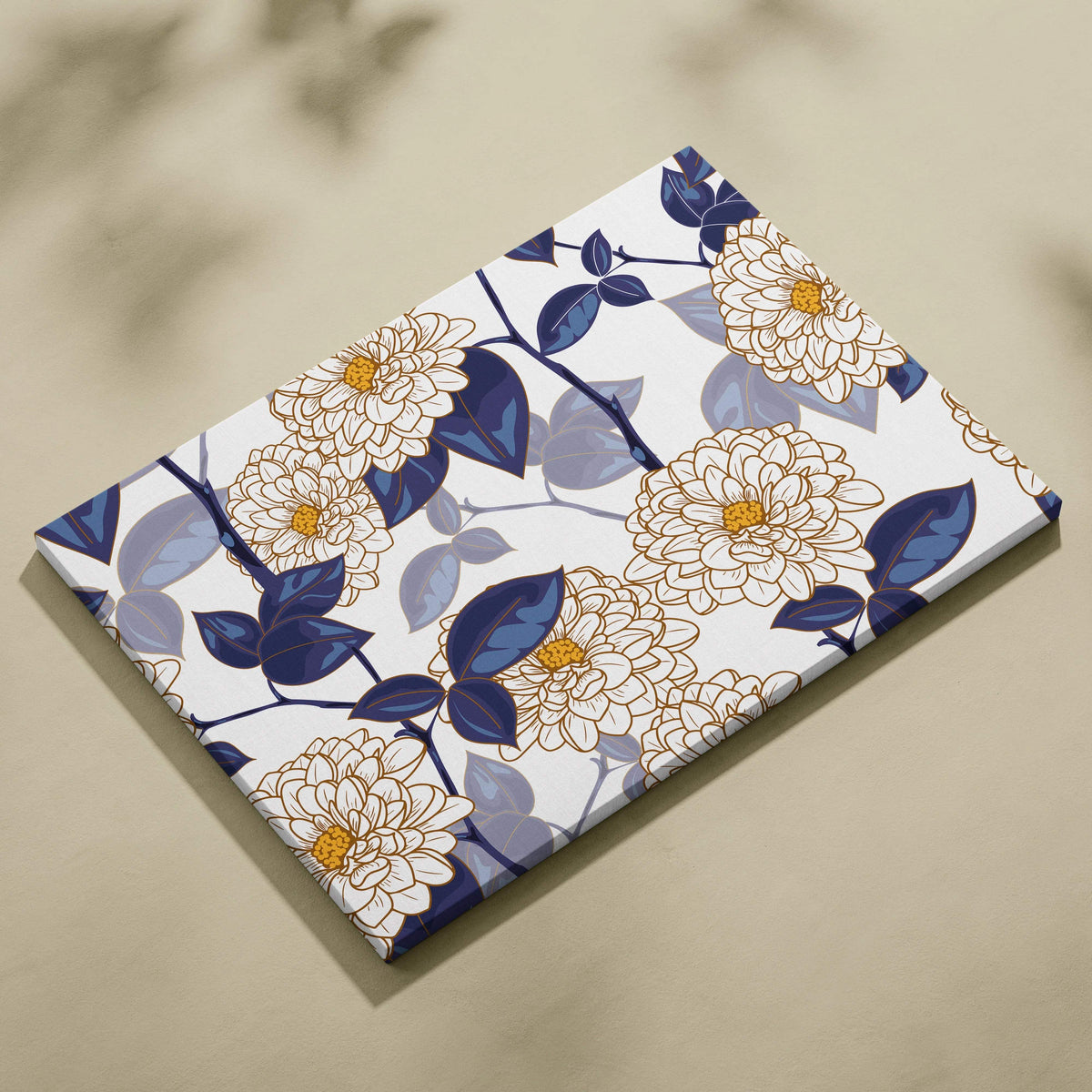 Elegant cream chrysanthemums navy leaves gold centers floral canvas wall art