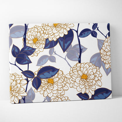 Elegant floral cream blossoms navy leaves blue gold ivory canvas wall art