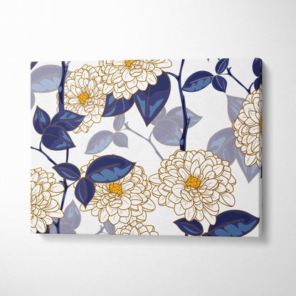 Elegant cream chrysanthemums navy leaves gold outlines canvas wall art