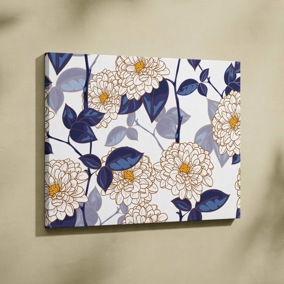 Elegant cream chrysanthemums navy leaves golden centers canvas wall art