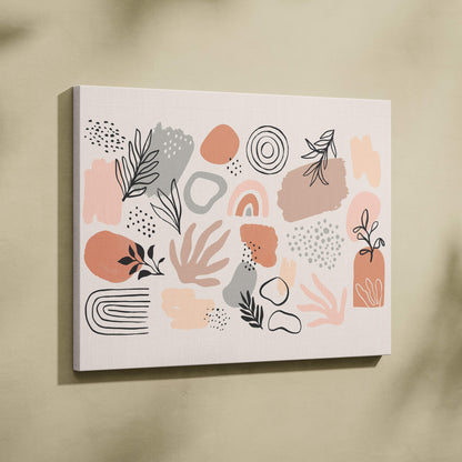 A modern abstract canvas wall art with pastel peach gray and black botanical illustrations on white background