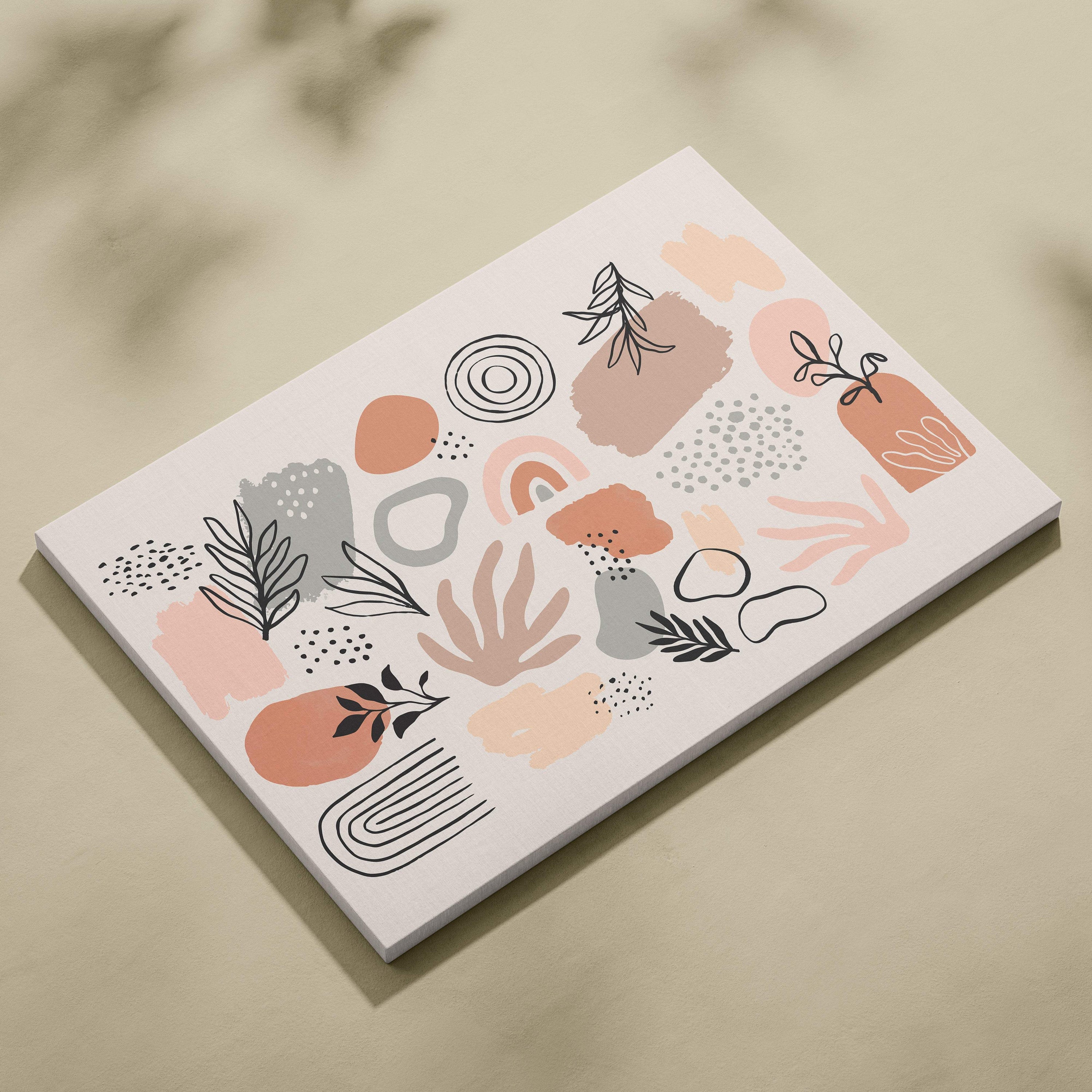 Boho abstract canvas wall art featuring soft peach muted gray and black botanical and geometric illustrations on white