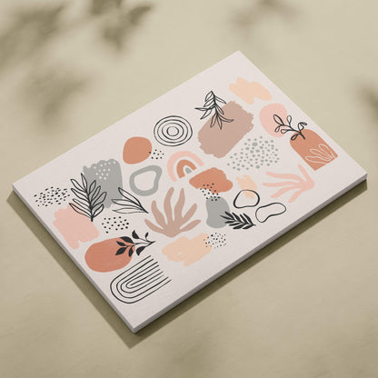Boho abstract canvas wall art featuring soft peach muted gray and black botanical and geometric illustrations on white