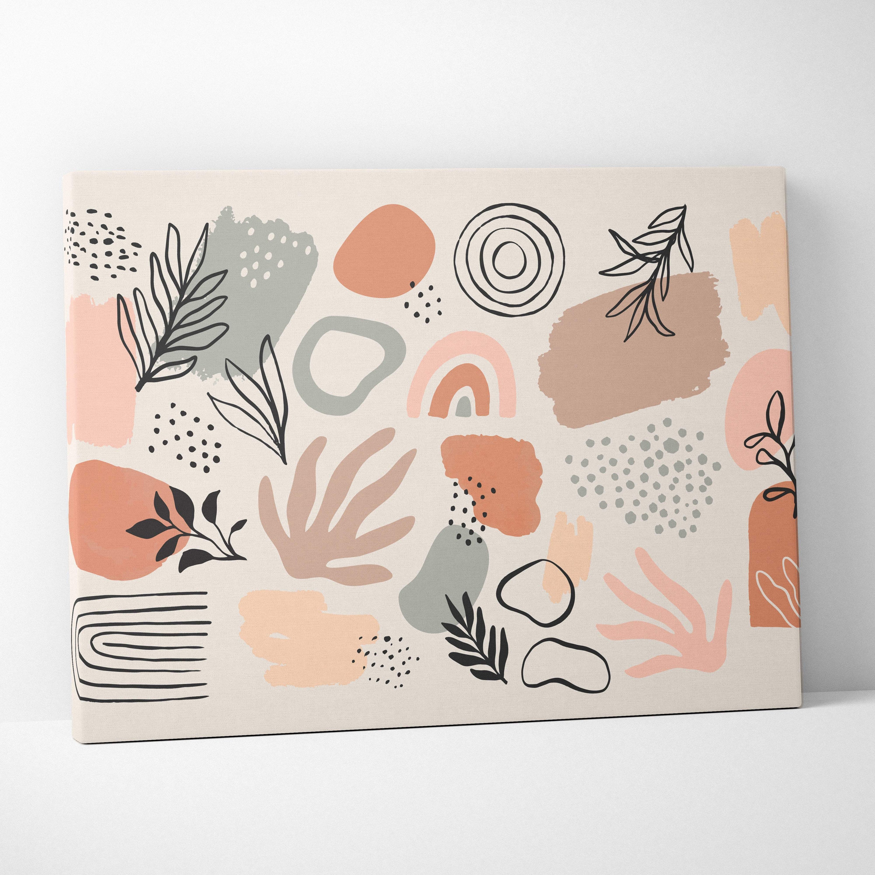 Boho abstract canvas wall art with neutral terracotta and sage green botanical geometric designs on light beige background