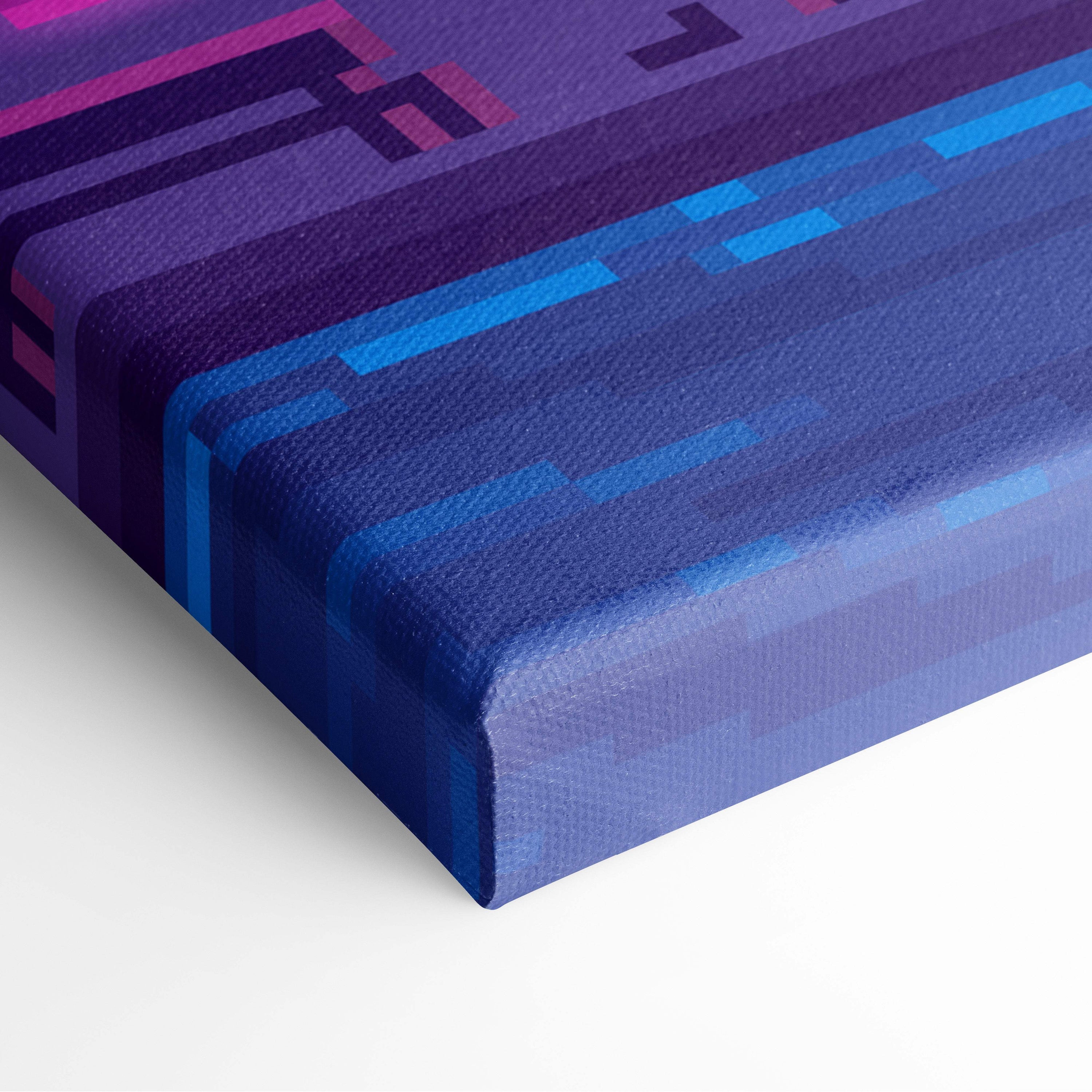 Cyberpunk city pixel art canvas print with bold blue purple stripes and magenta accents on textured fabric