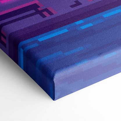 Cyberpunk city pixel art canvas print with bold blue purple stripes and magenta accents on textured fabric