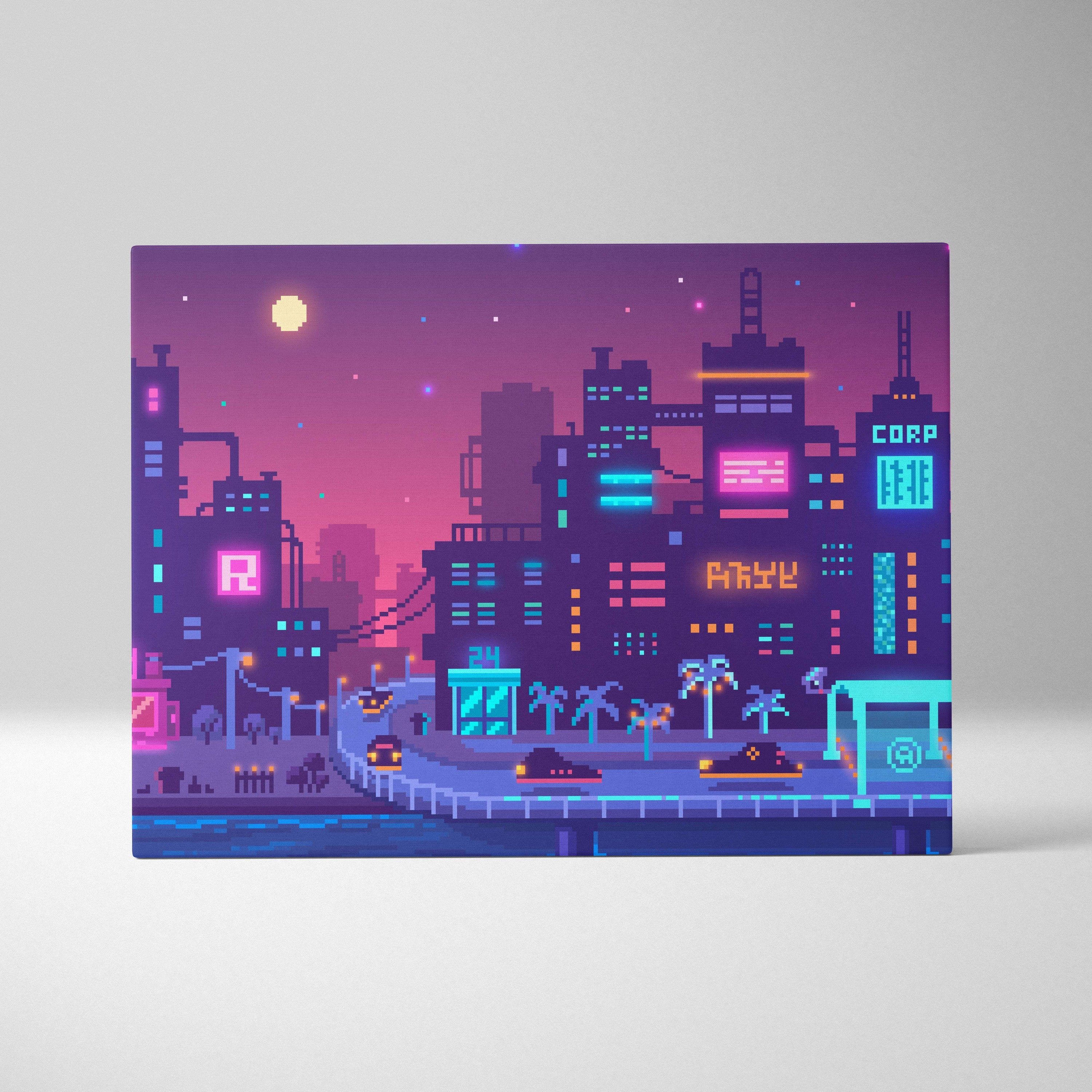 Pixel art canvas print of a neon-lit purple cityscape with glowing signs and palm trees for futuristic wall decor