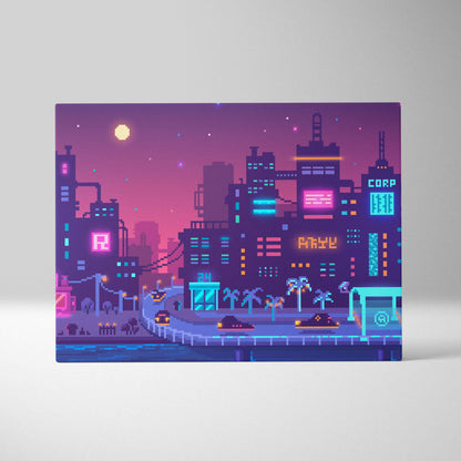 Pixel art canvas print of a neon-lit purple cityscape with glowing signs and palm trees for futuristic wall decor