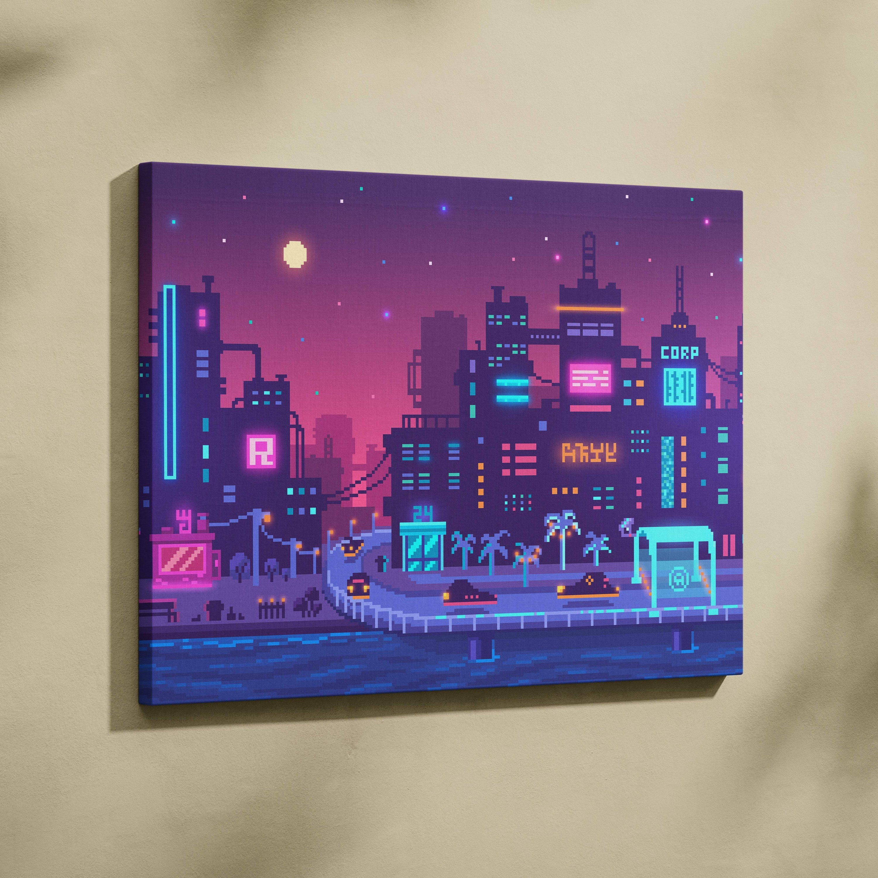 A vibrant pixel art canvas print of a purple neon cityscape at dusk for futuristic urban wall decor