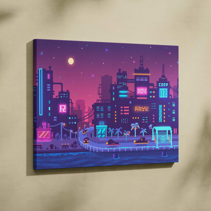 A vibrant pixel art canvas print of a purple neon cityscape at dusk for futuristic urban wall decor