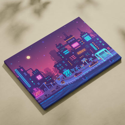 A vibrant pixel-art canvas print of a neon-lit purple cityscape with glowing signs and palm trees under a starry sky