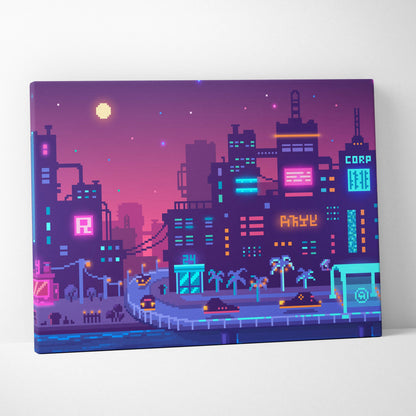 A vibrant pixel art canvas print of a cyberpunk cityscape at dusk with purple neon skyline and glowing blue signage