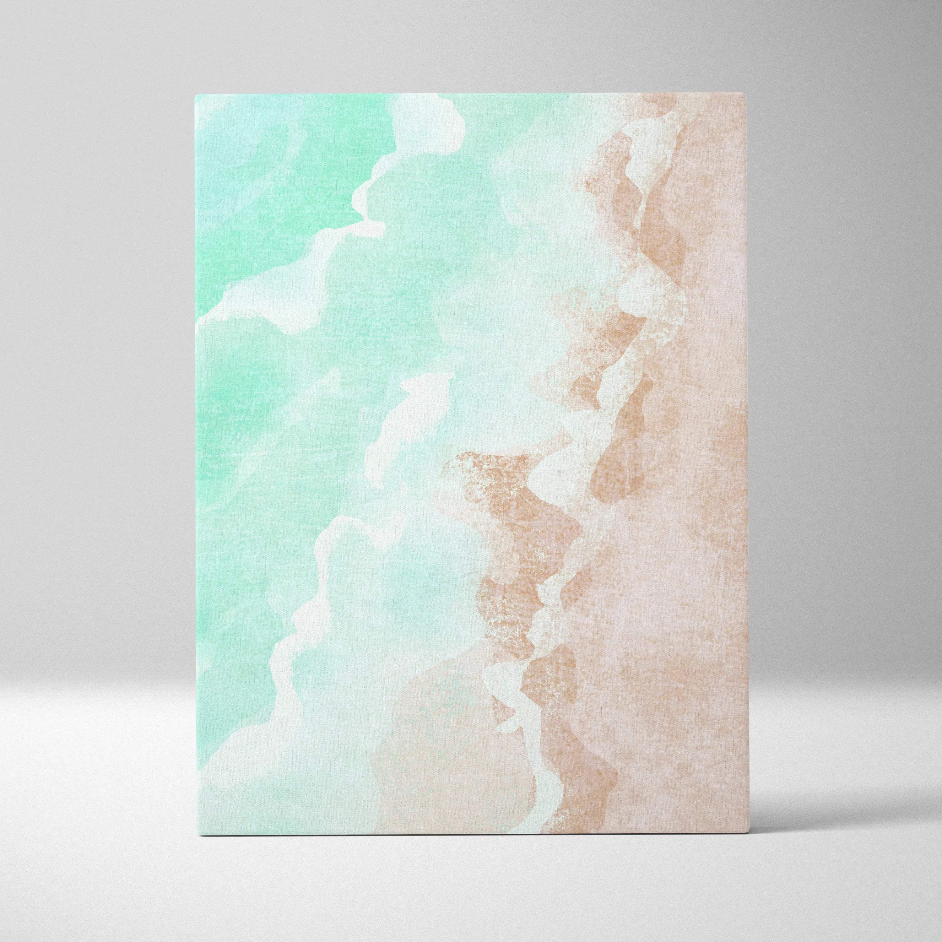Abstract watercolor beach shoreline canvas in mint green blush pink turquoise waves