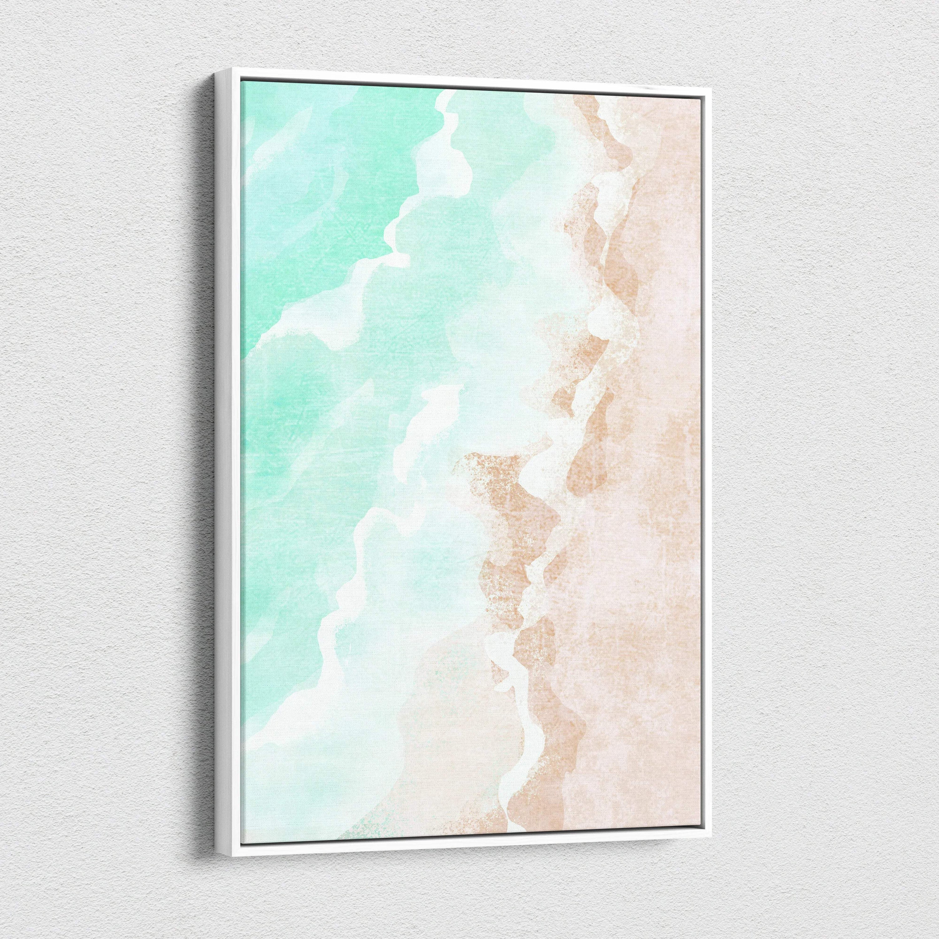 Framed abstract watercolor beach shoreline art in mint green blush pink waves, white frame