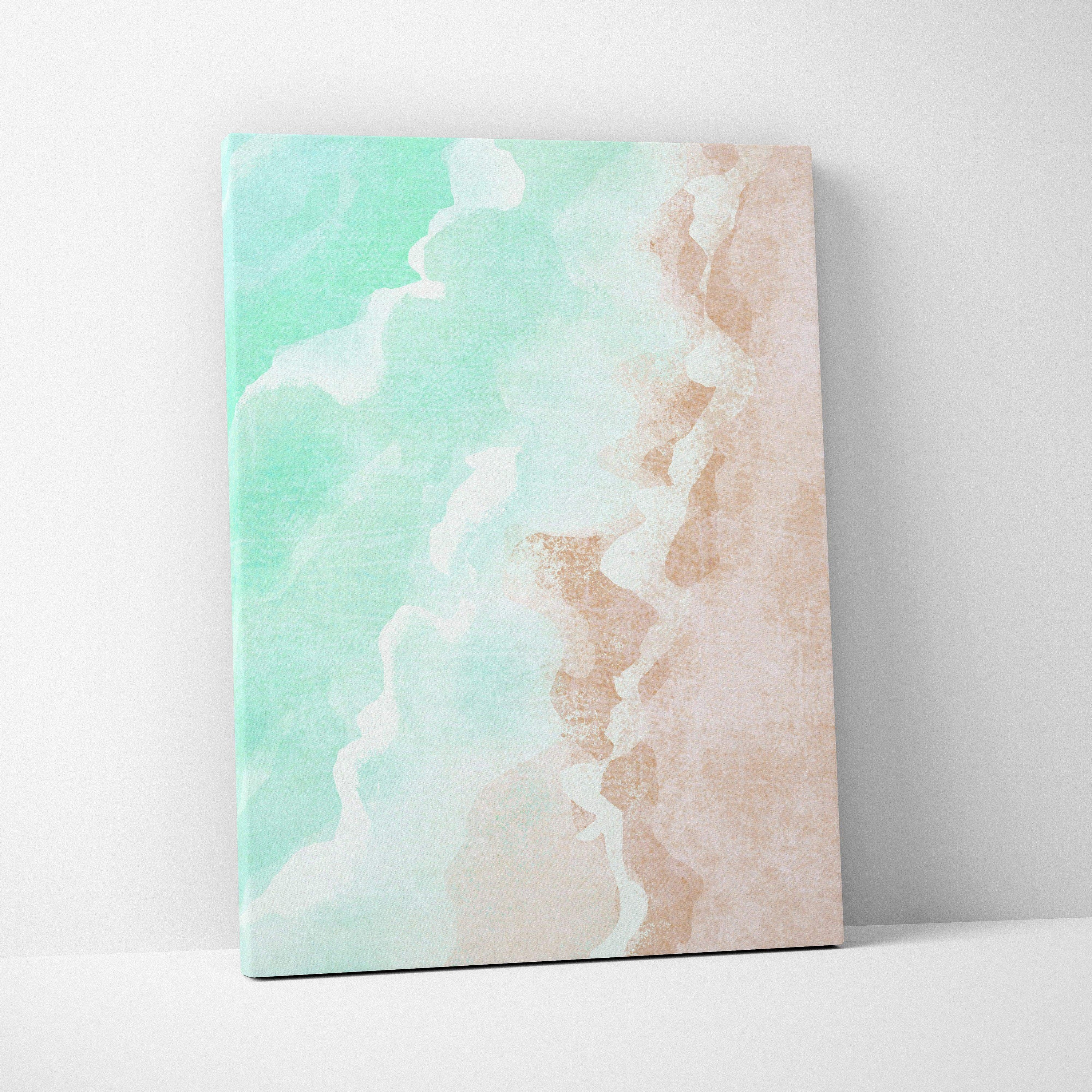Abstract beach shoreline canvas art in mint green blush pink gold waves