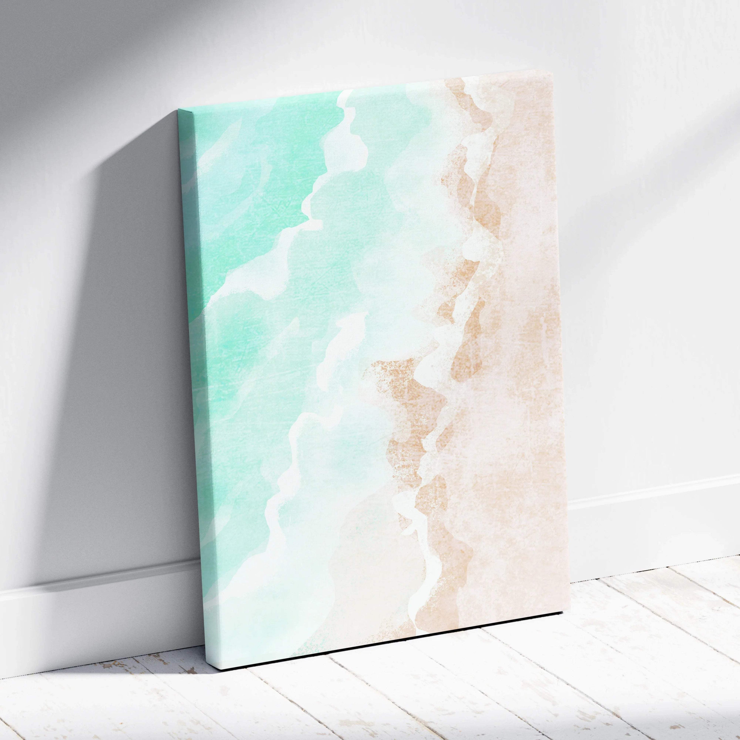 Abstract beach shoreline canvas wall art with mint green gradients and beige waves